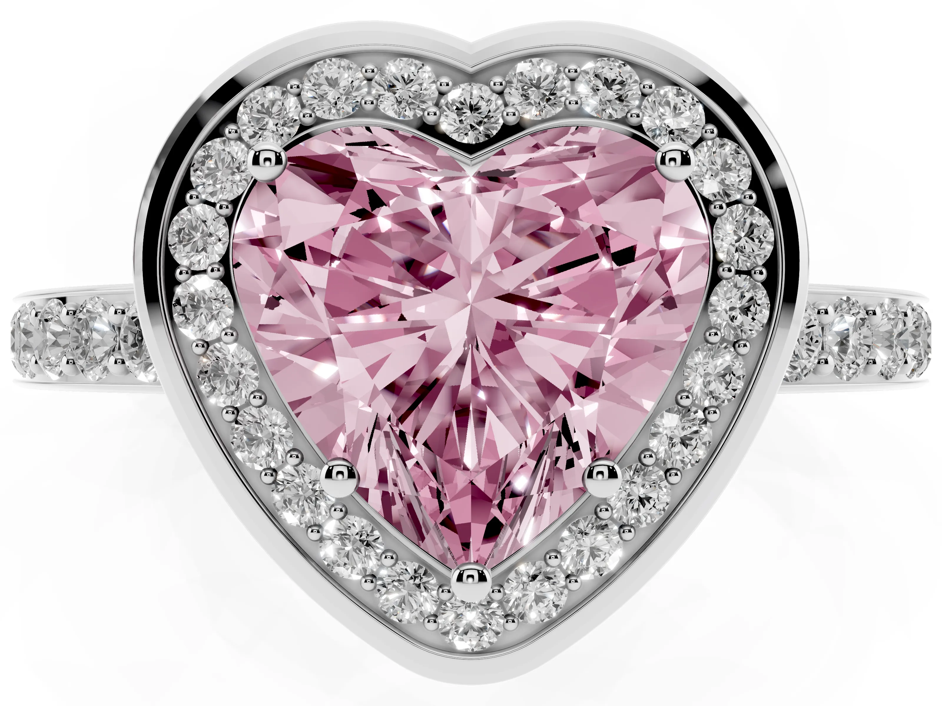Fancy Pink Heart Cut Diamond Halo Ring Set in Silver with Bezel Frame and Pavé Band