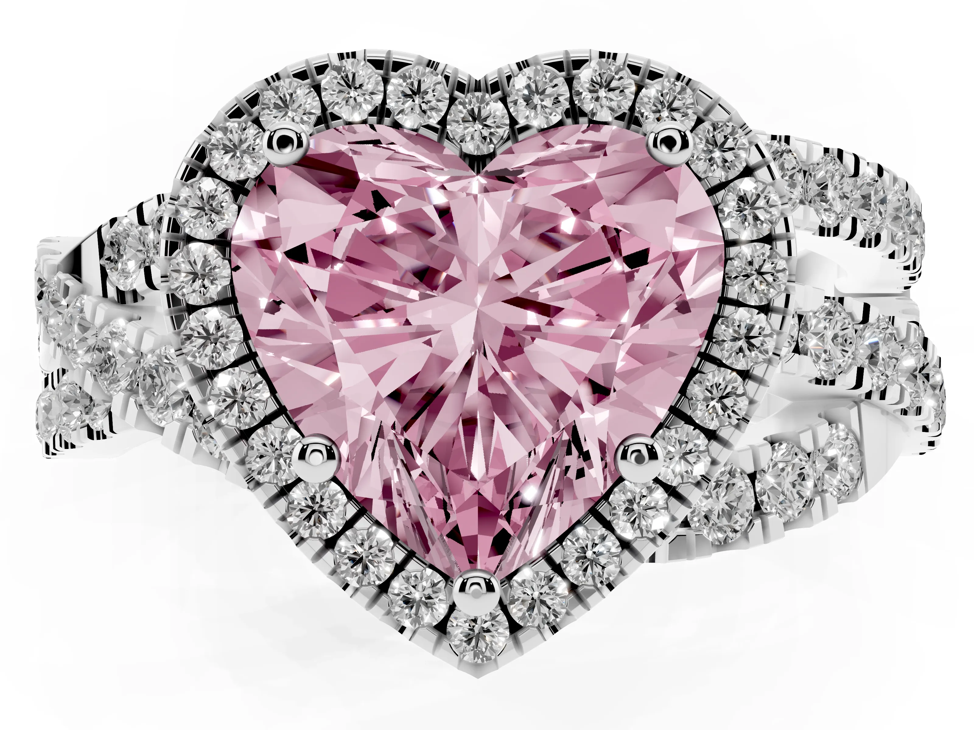 Fancy Pink Heart Cut Diamond Halo Ring Set in Silver with Round Crossover Split Shank and Prong Setting