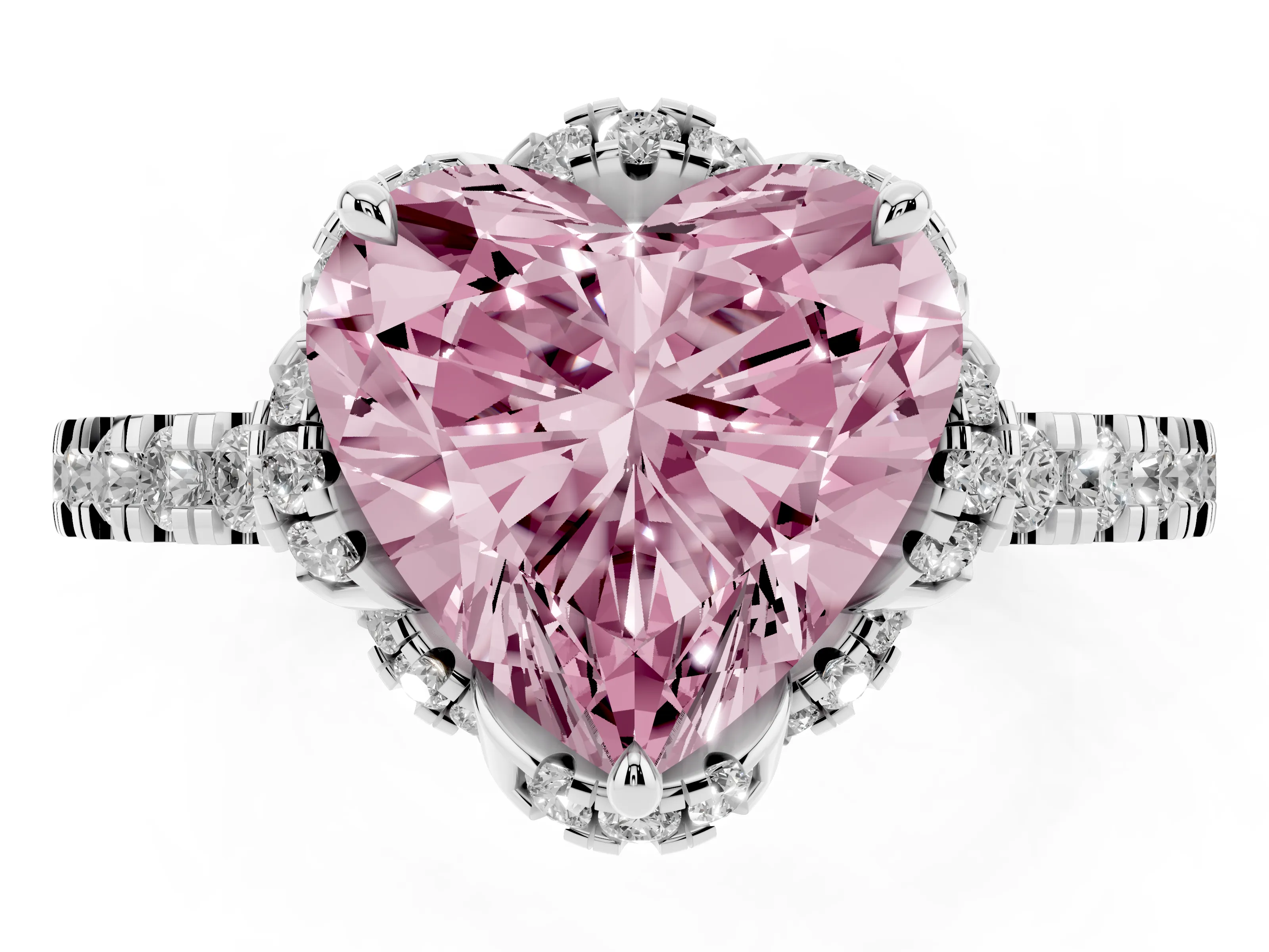 Fancy Pink Heart Cut Diamond Halo Pavé Band Ring Set in Platinum with Prong-Held Center