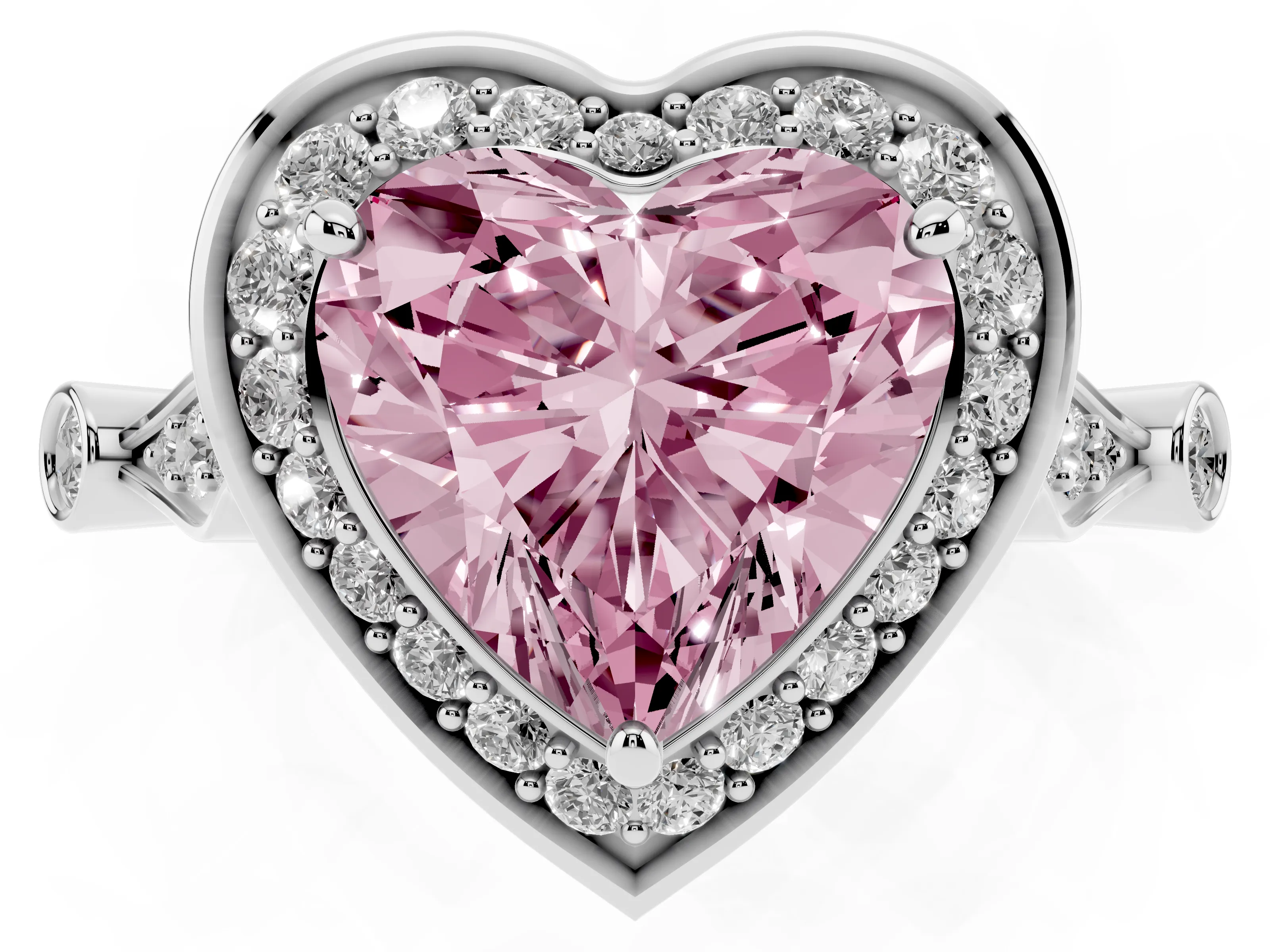 Fancy Pink Heart Cut Diamond Halo Engagement Ring Set in Platinum with Twisted Band and Prong Setting