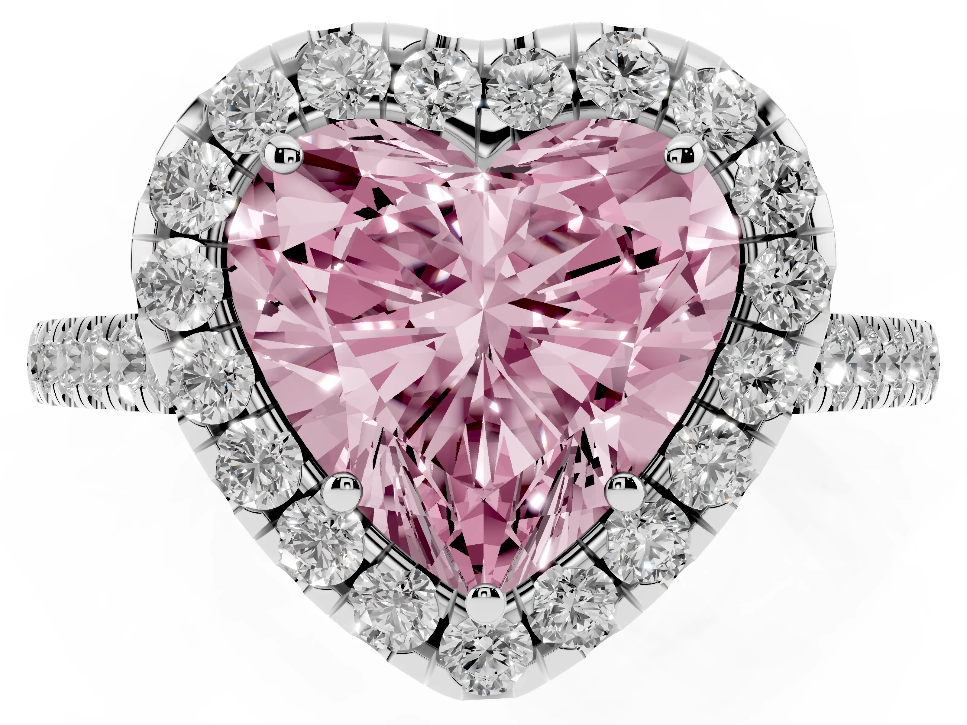 Fancy Pink Heart Cut Diamond Halo Pavé Engagement Ring Set in Platinum with Prong Setting