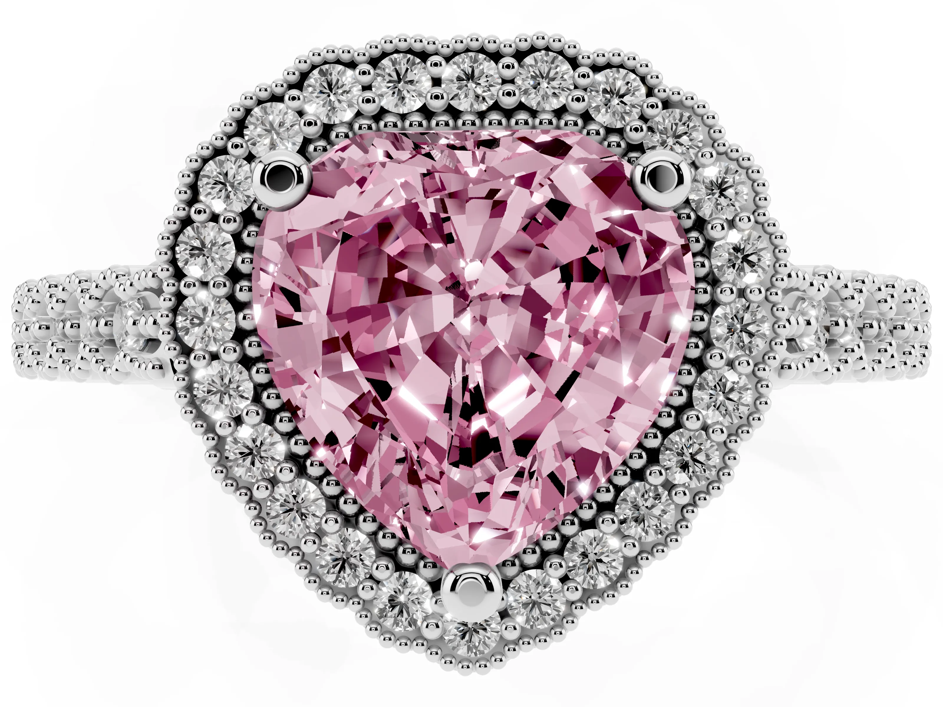 Fancy Pink Heart Cut Diamond Halo Ring Set in Platinum with Pavé Milgrain Band