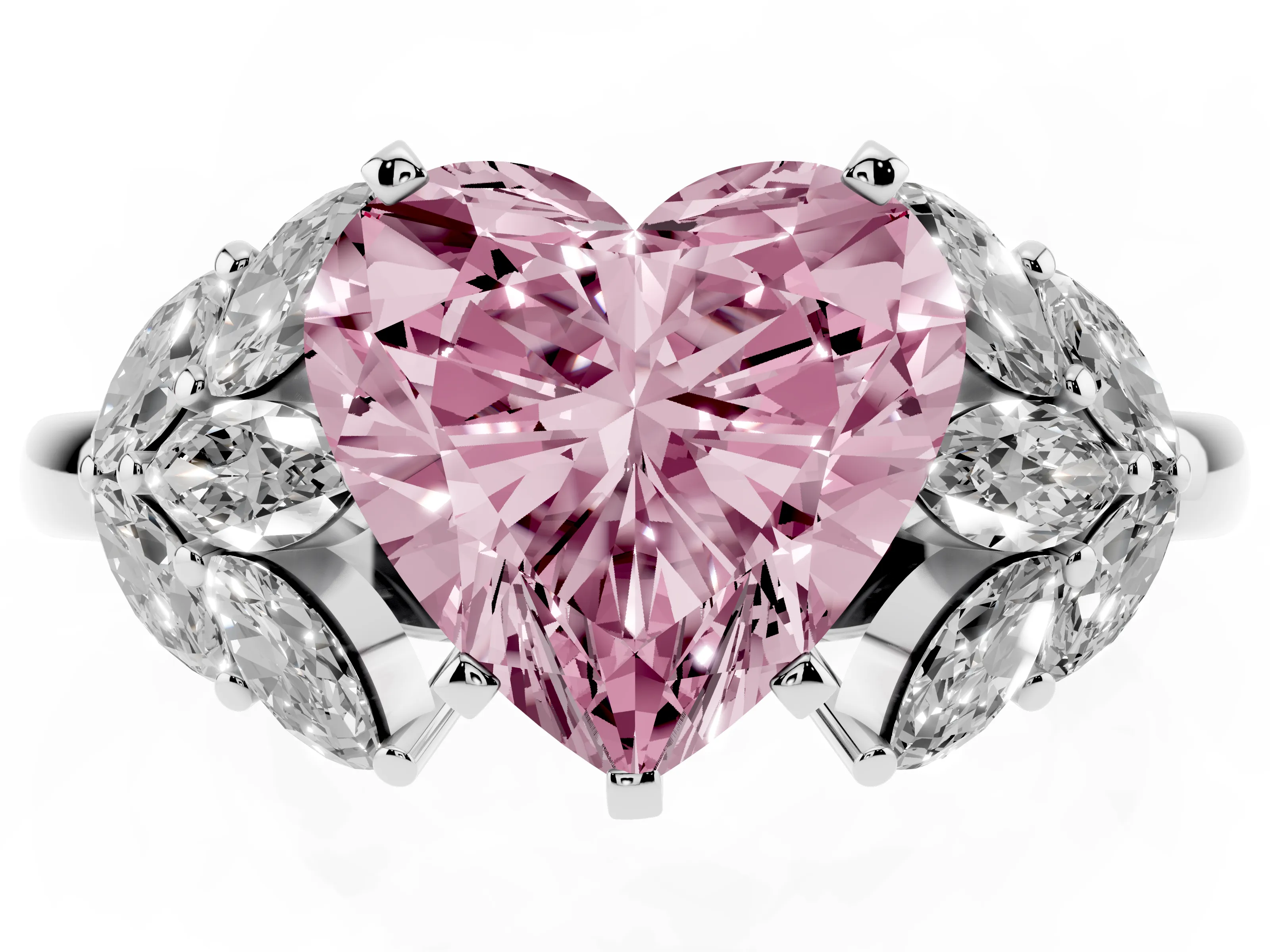 Fancy Pink Heart Cut Diamond Cluster Leaf Design Ring Set in Silver with Prong Setting
