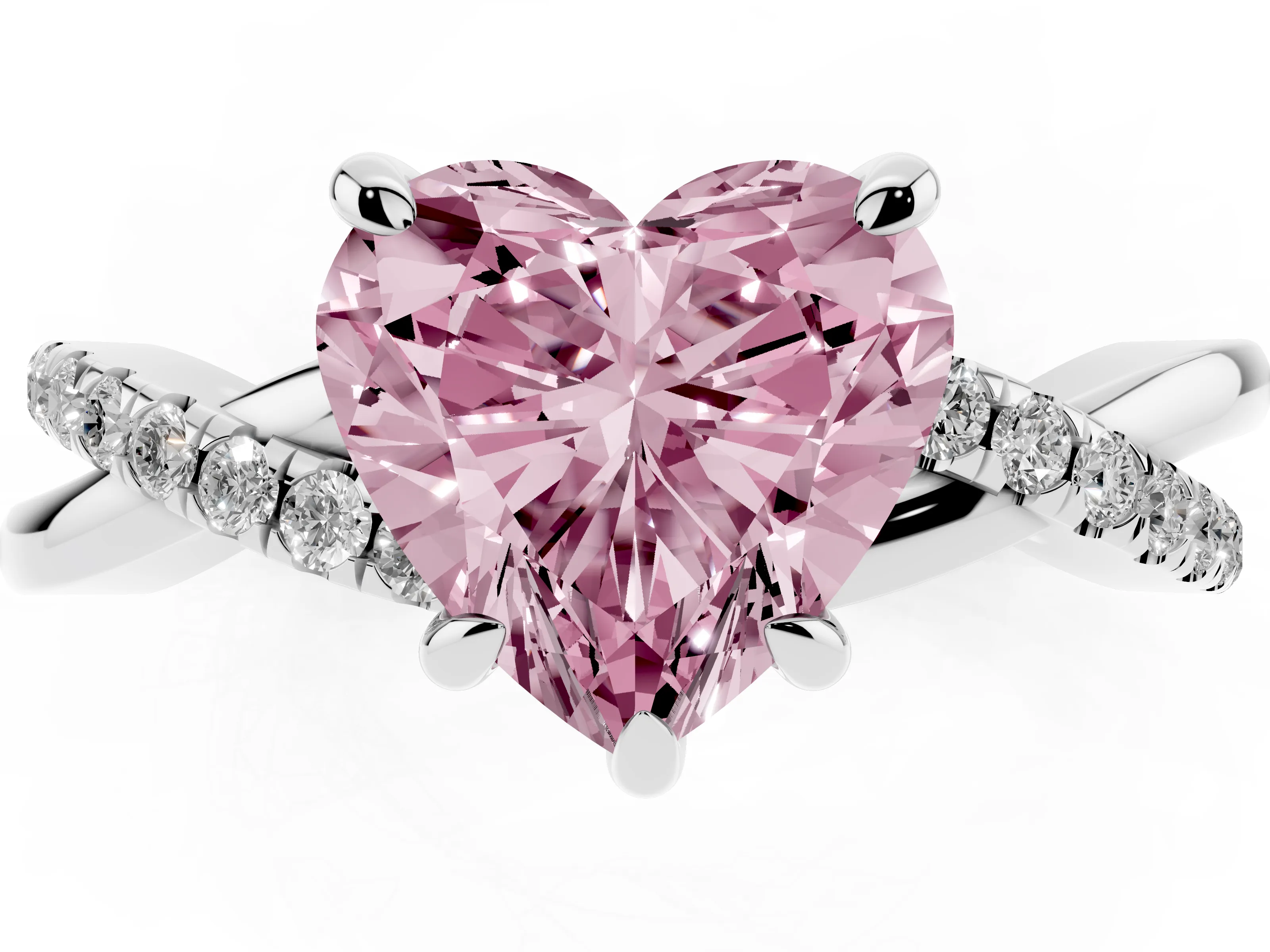 Fancy Pink Heart Cut Diamond Twist Band Solitaire Set in White gold with Pavé Accents and Prong Setting