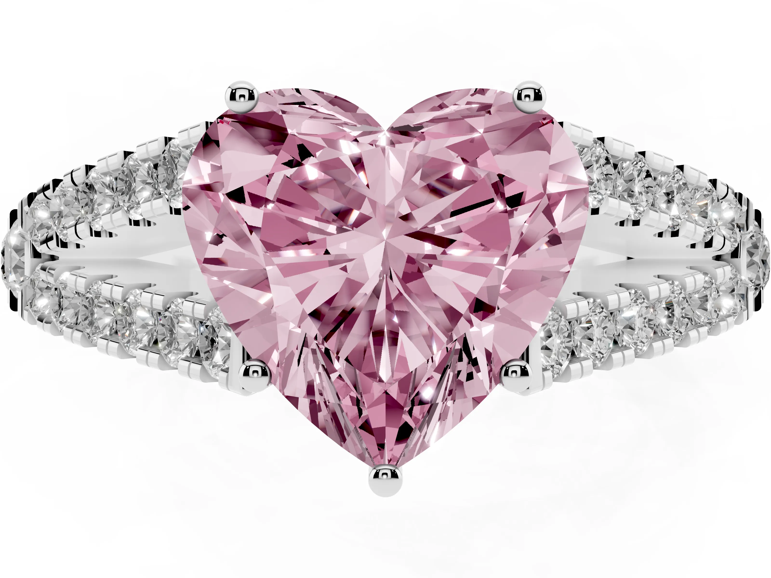 Fancy Pink Heart Cut Diamond Split Shank Pavé Engagement Ring Set in Platinum with Prong-Held Center Stone