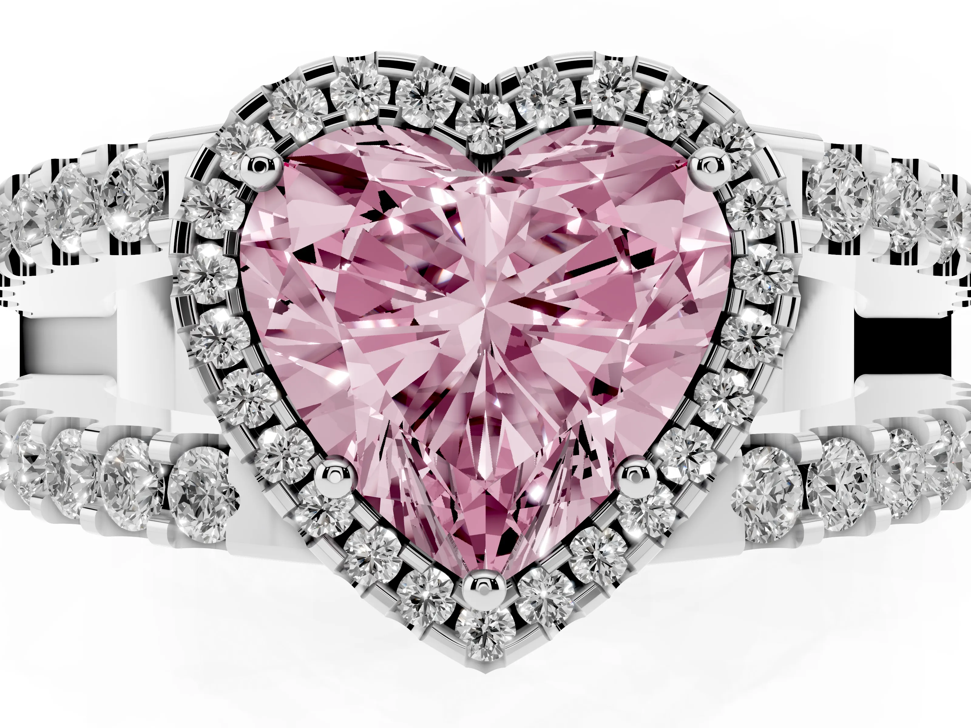 Fancy Pink Heart Cut Diamond Halo Ring Set in Platinum with Pavé Split Shank and Prong Setting