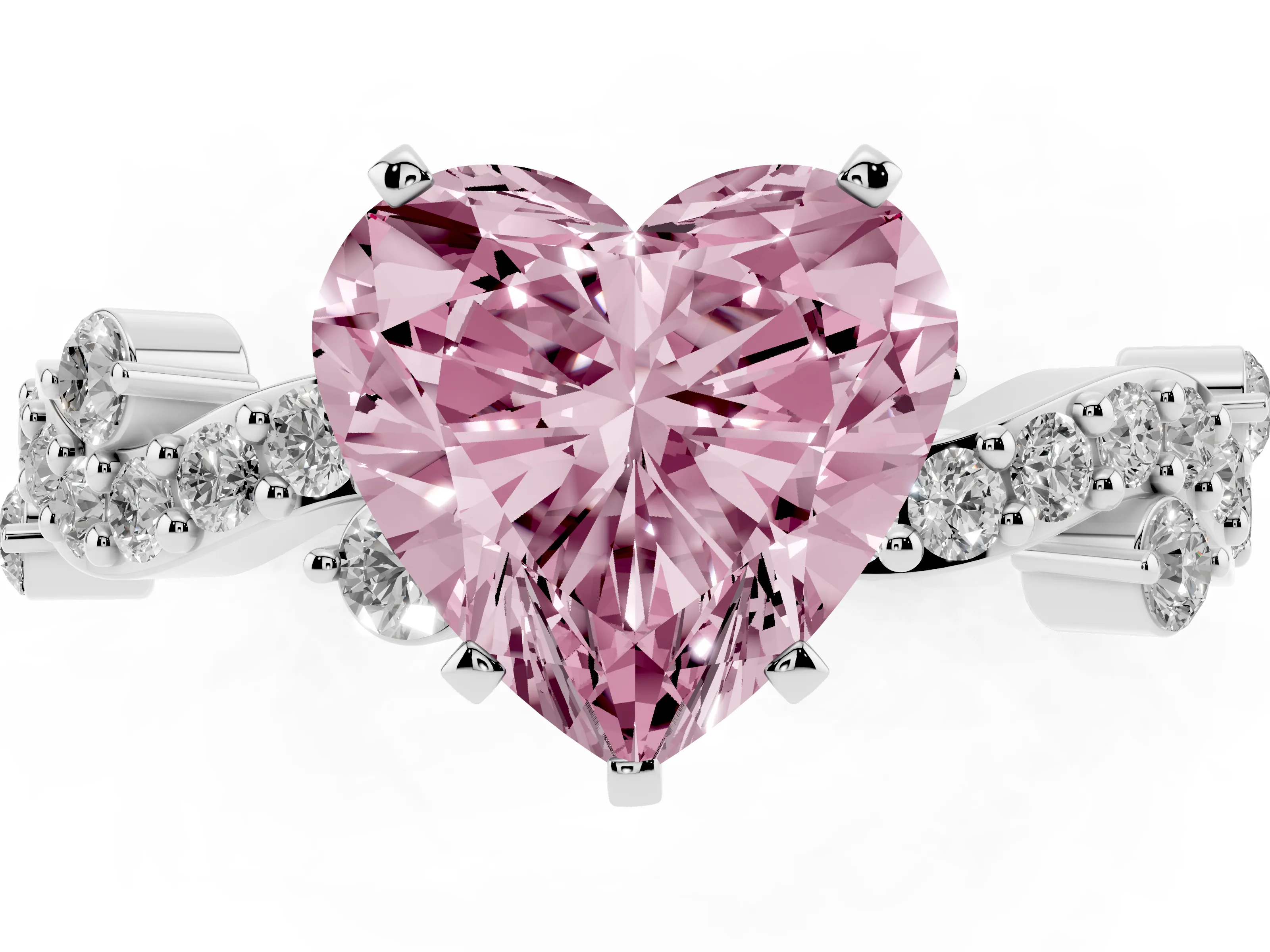 Fancy Pink Heart Cut Diamond Solitaire Twisted Band Set in White gold with Pavé Setting