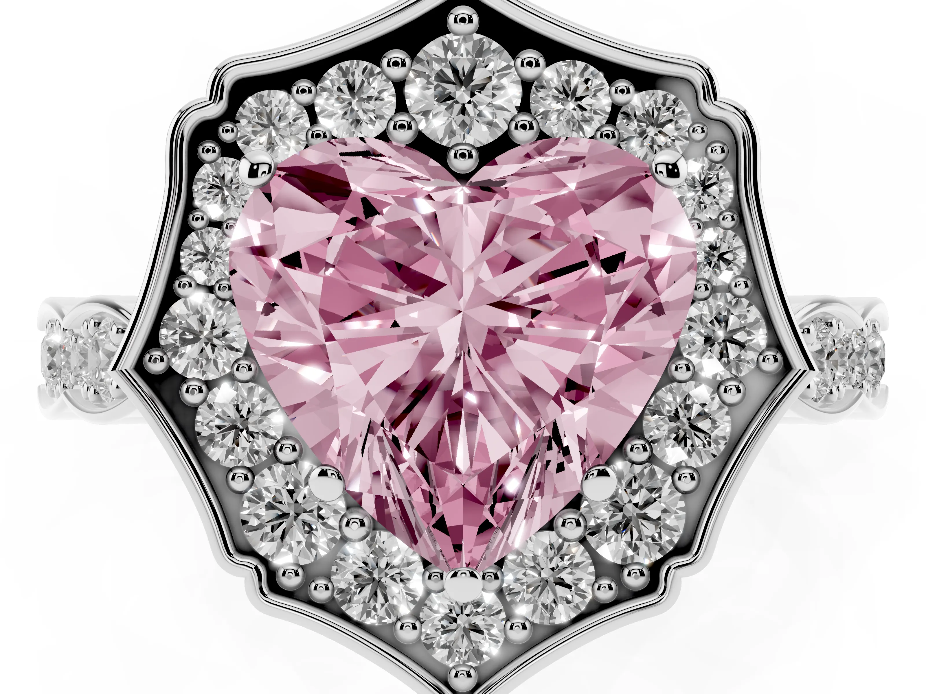 Fancy Pink Heart Cut Diamond Halo Engagement Ring Set in White gold with Milgrain Band and Prong Setting