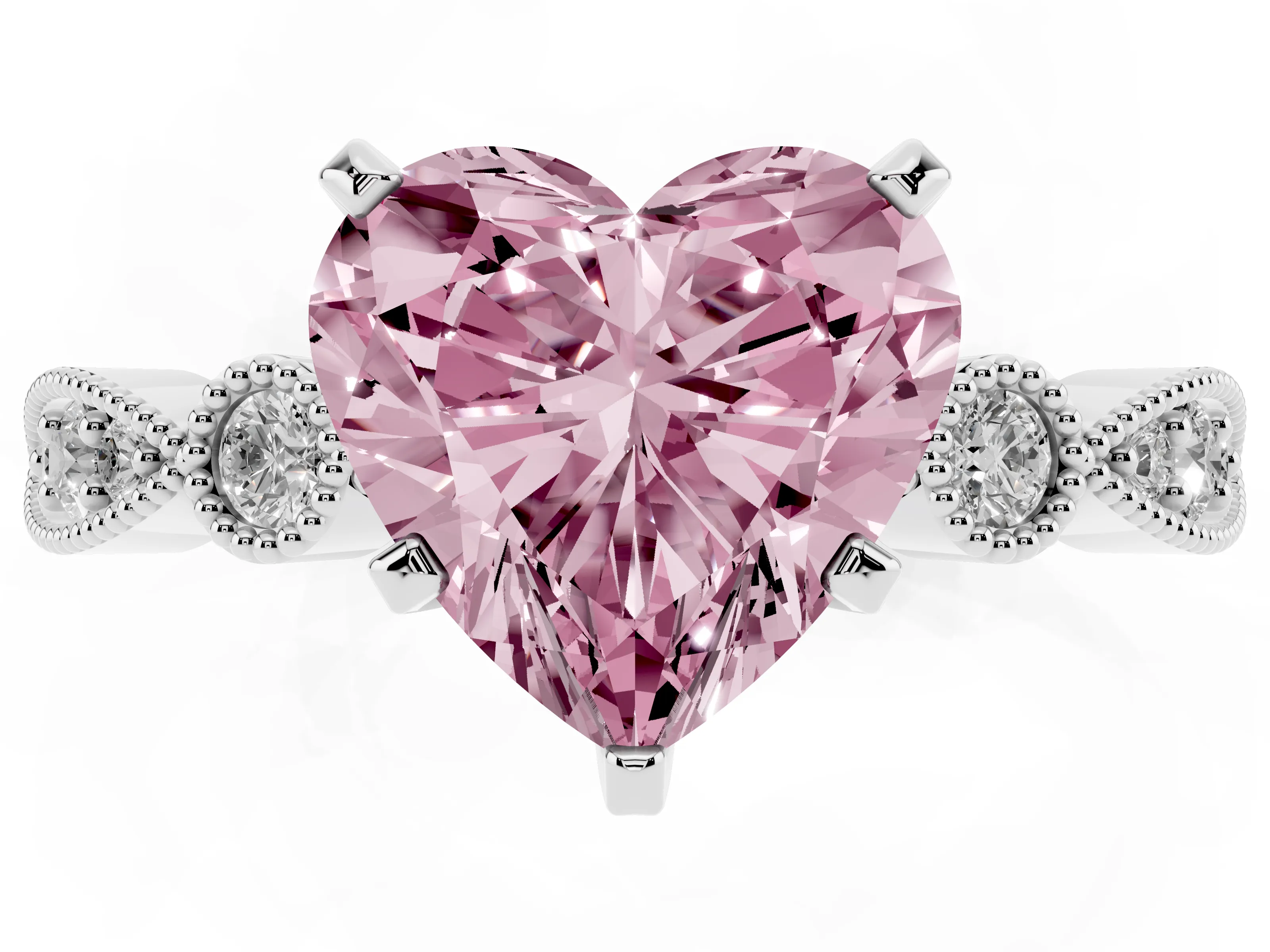 Fancy Pink Heart Cut Diamond Solitaire Engagement Ring Set in Silver with Milgrain Bezel Accent Band