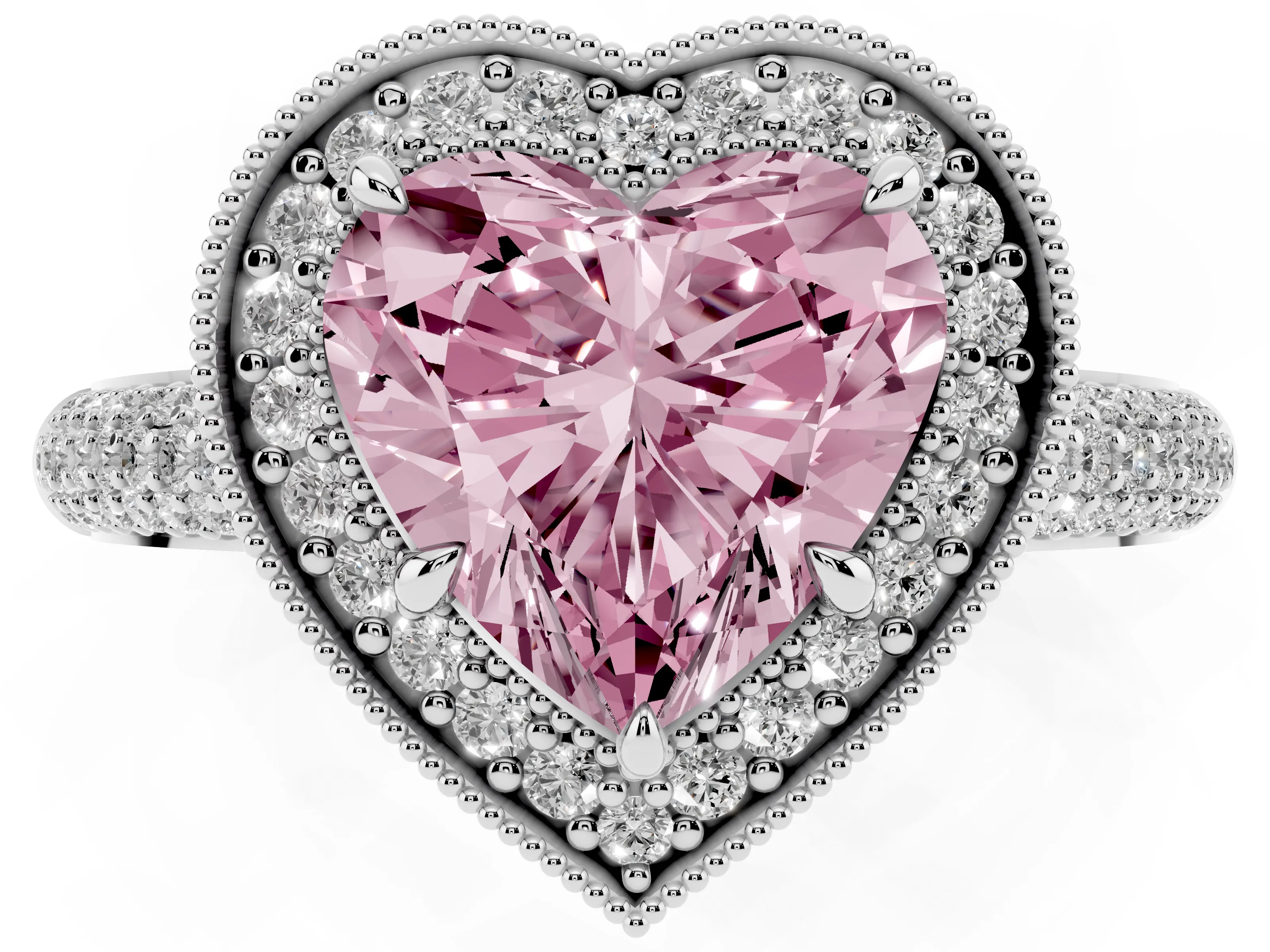 Fancy Pink Heart Cut Diamond Halo Pavé Band Set in Silver with Prong Setting