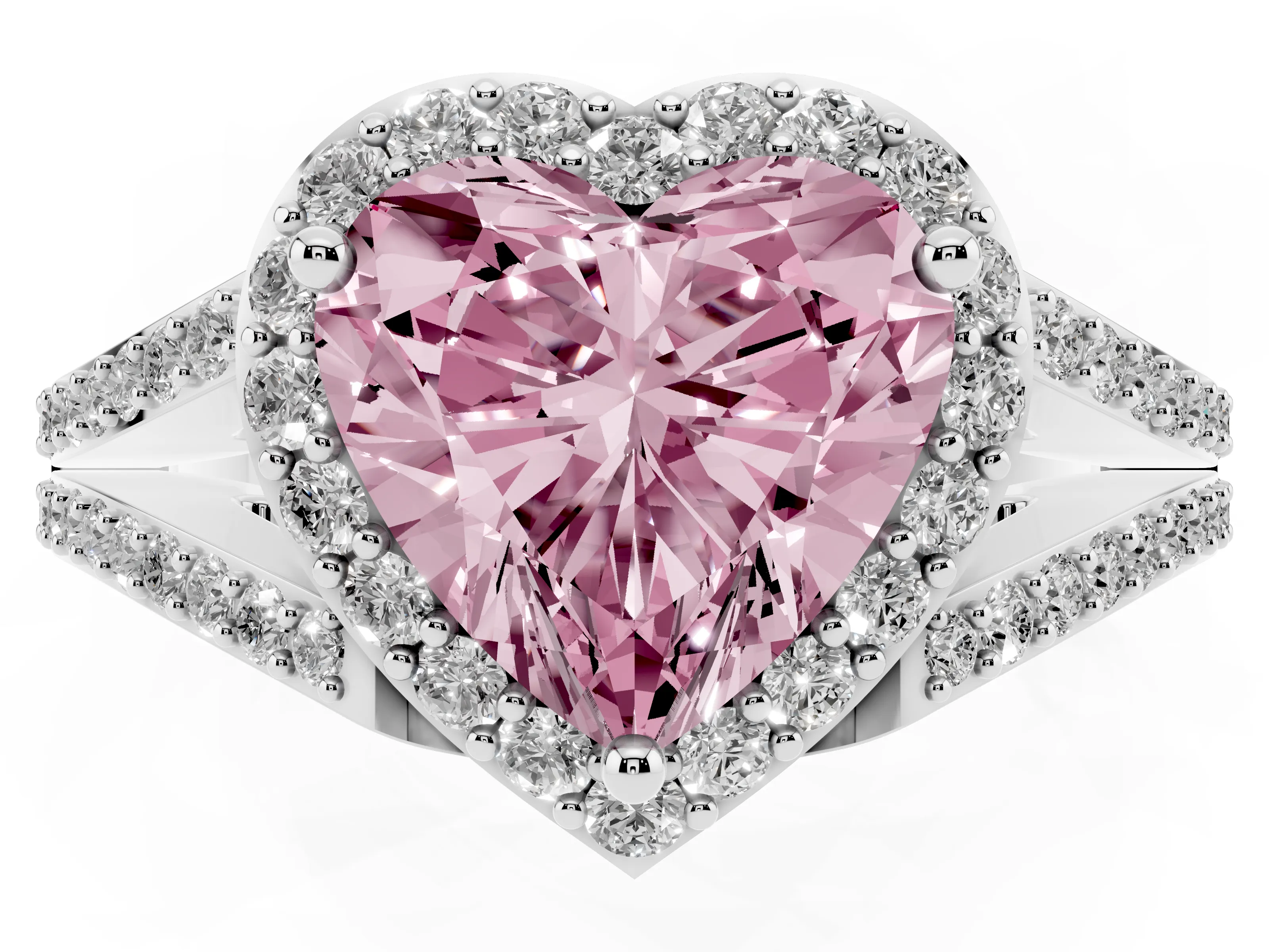 Fancy Pink Heart Cut Diamond Halo Split Shank Pavé Ring Set in Silver with Prong Setting