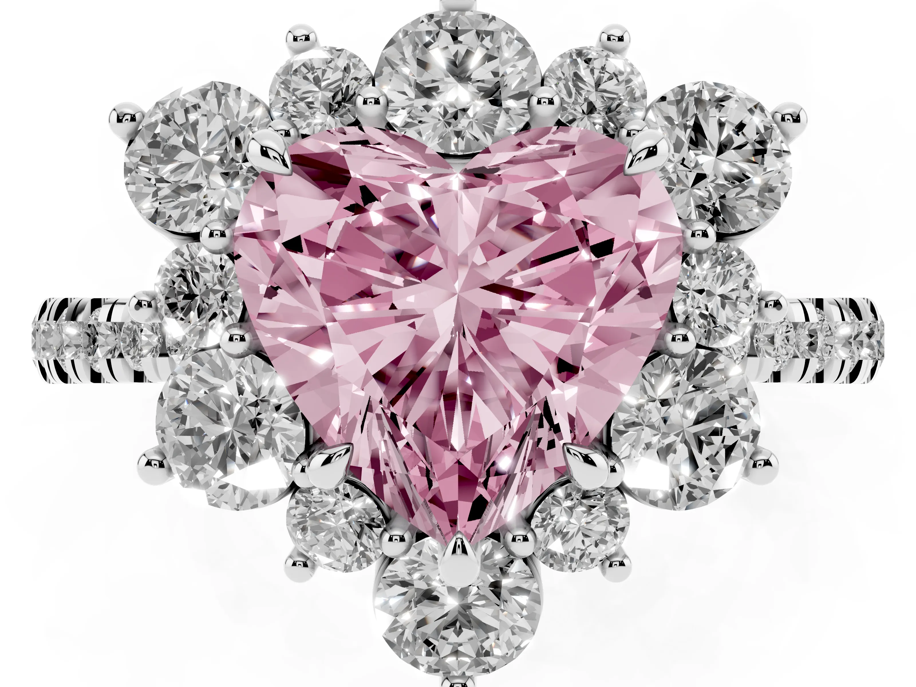 Fancy Pink Heart Cut Diamond Floral Halo Ring Set in Platinum with Round Pavé Band and Prong Setting