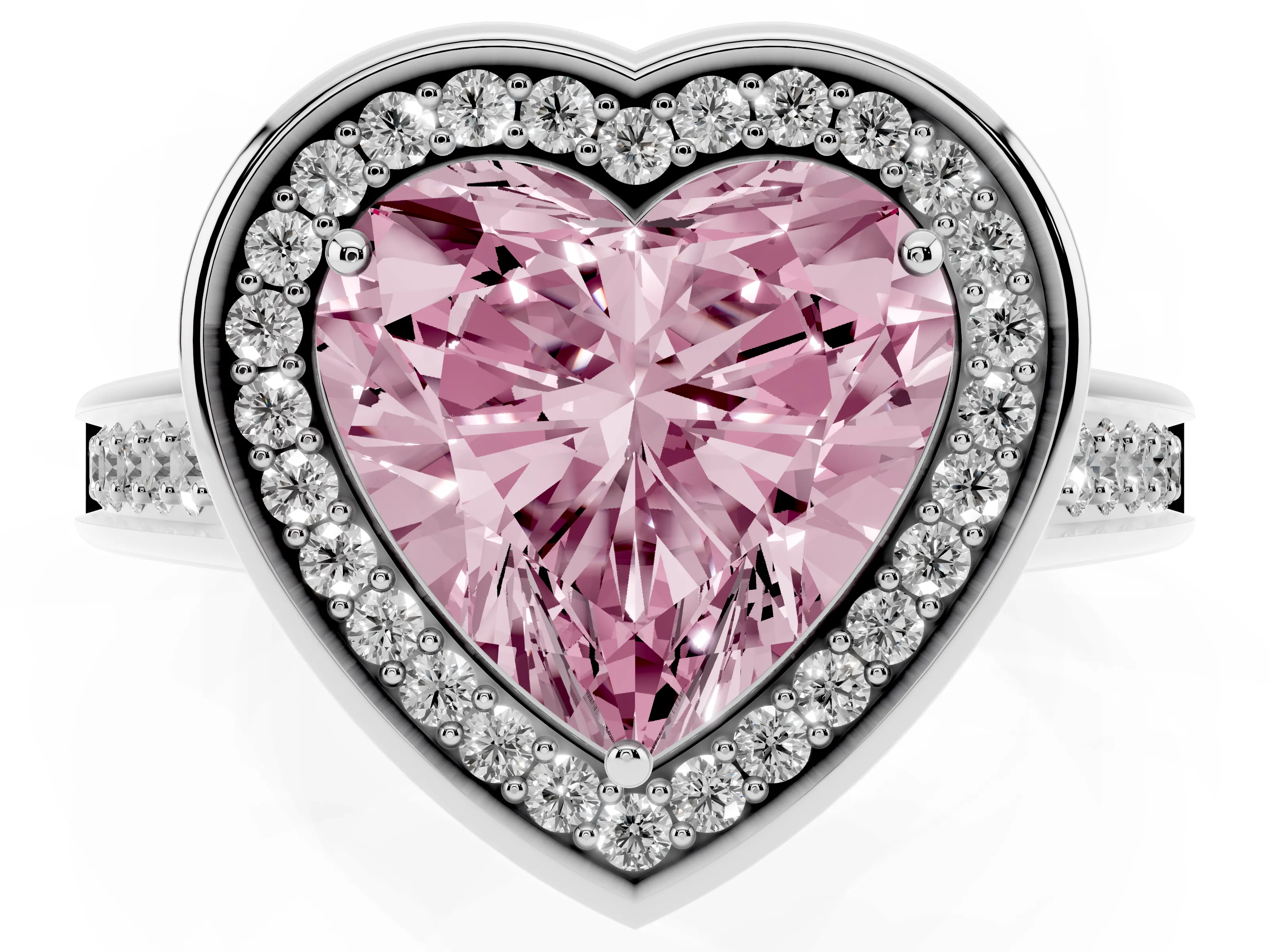 Fancy Pink Heart Cut Diamond Halo Solitaire Ring Set in Silver with Pavé Band and Bezel Setting
