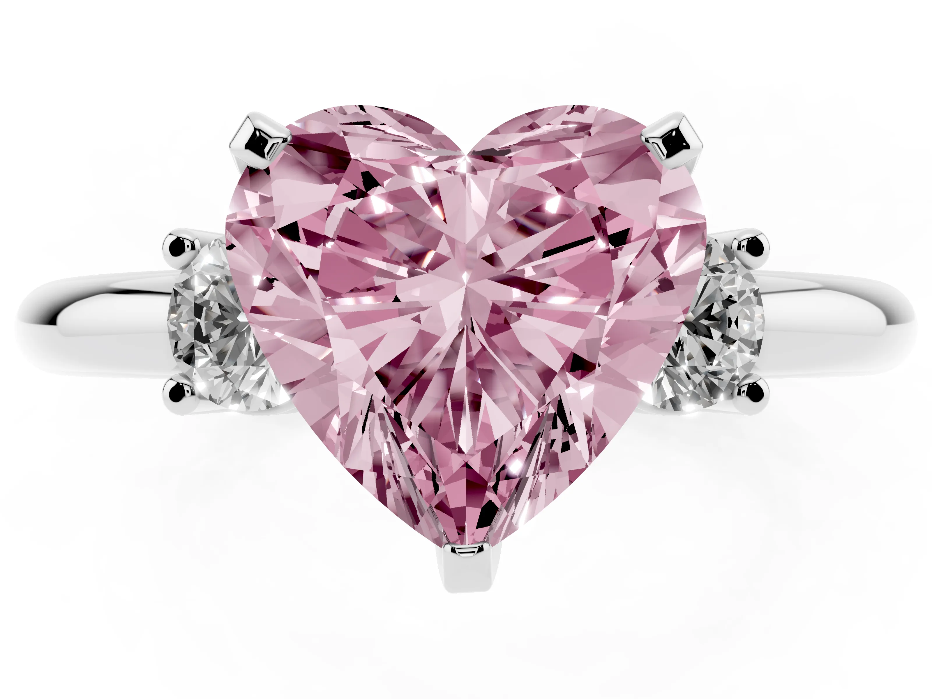 Fancy Pink Three-Stone Heart Cut Diamond Ring Set in Platinum with Prong Setting and Plain Band