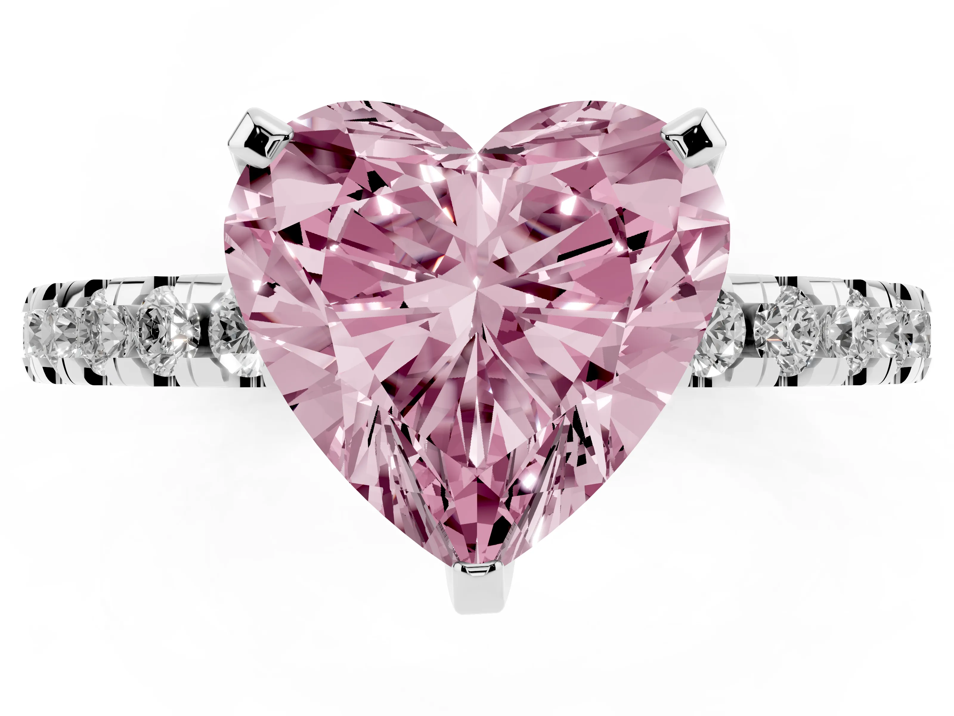 Fancy Pink Heart Cut Diamond Pavé Solitaire Ring Set in White gold with Round Band Accents and Prong Setting