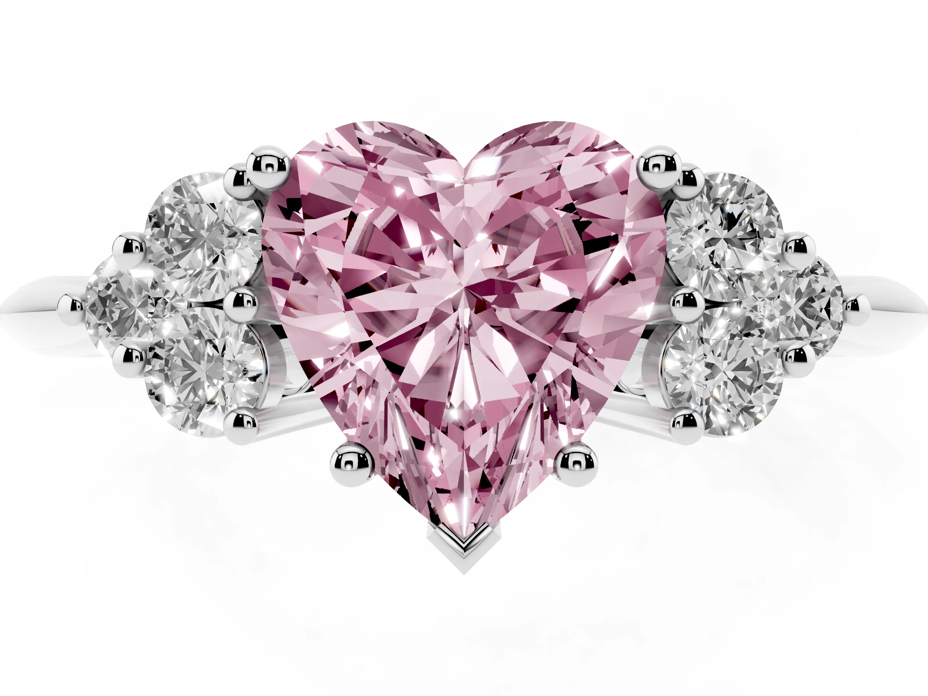 Fancy Pink Heart Cut Diamond Cluster Ring Set in Silver with Plain Band and Prong Setting