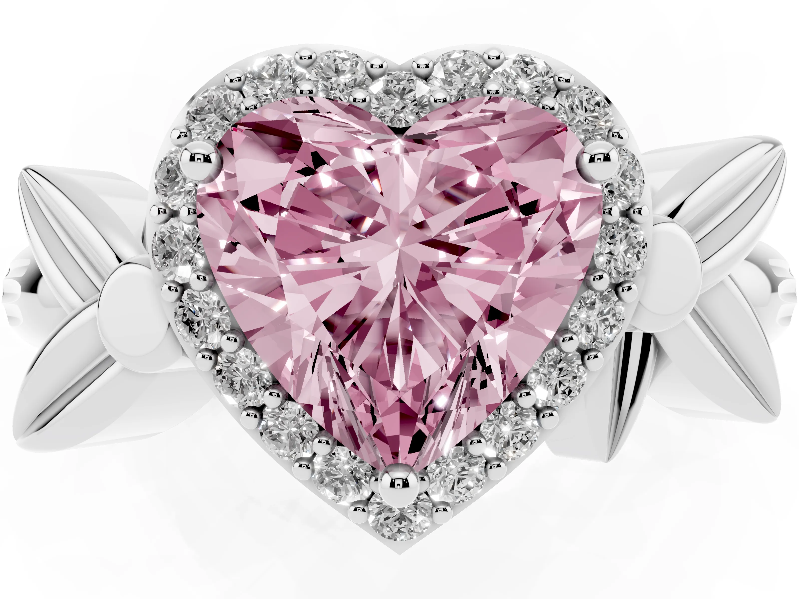Fancy Pink Heart Cut Diamond Halo Floral Band Ring Set in White gold with Prong Setting