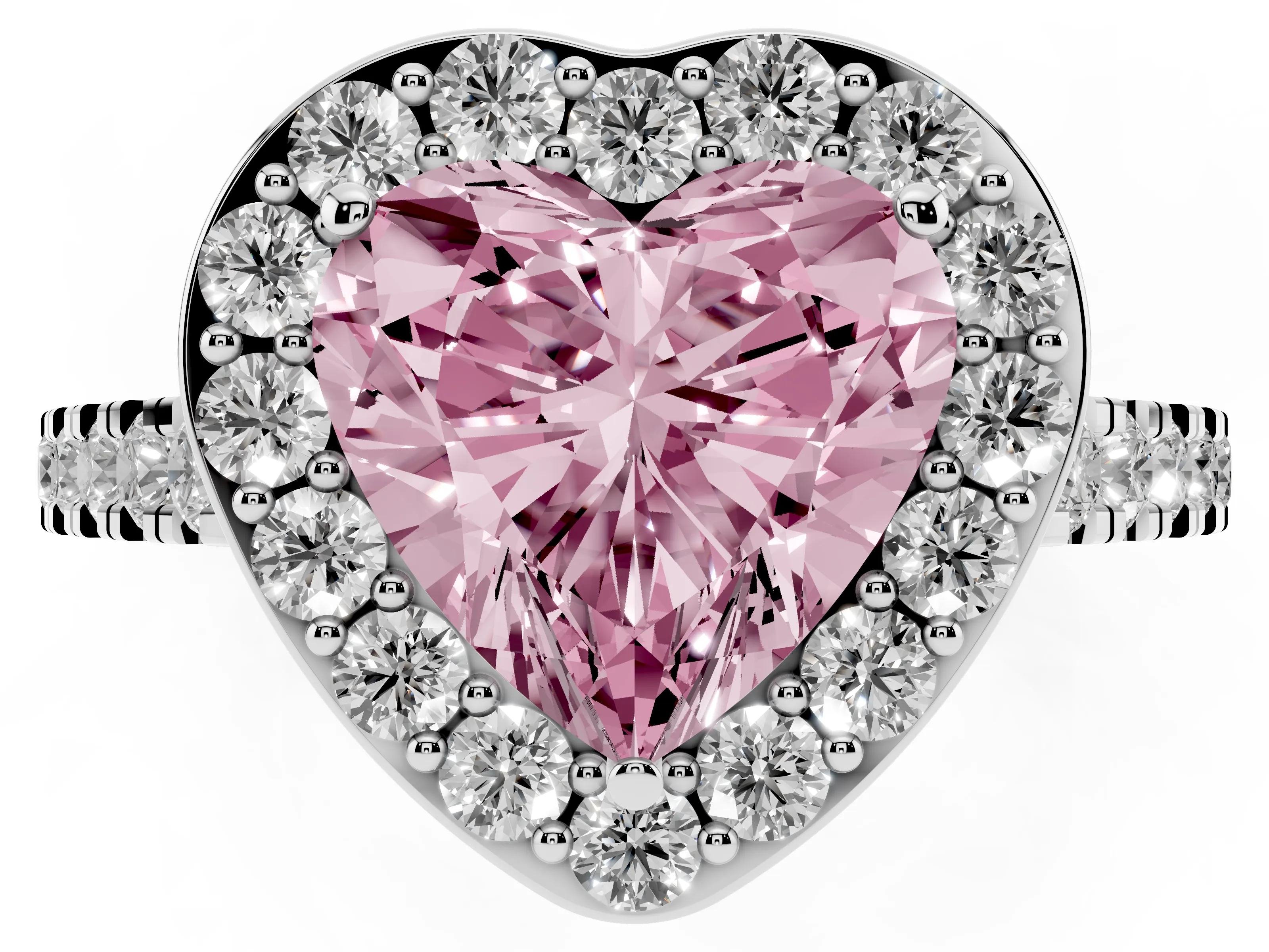 Fancy Pink Heart Cut Diamond Halo Ring Set in Platinum with Round Pavé Split Shank and Prong Setting