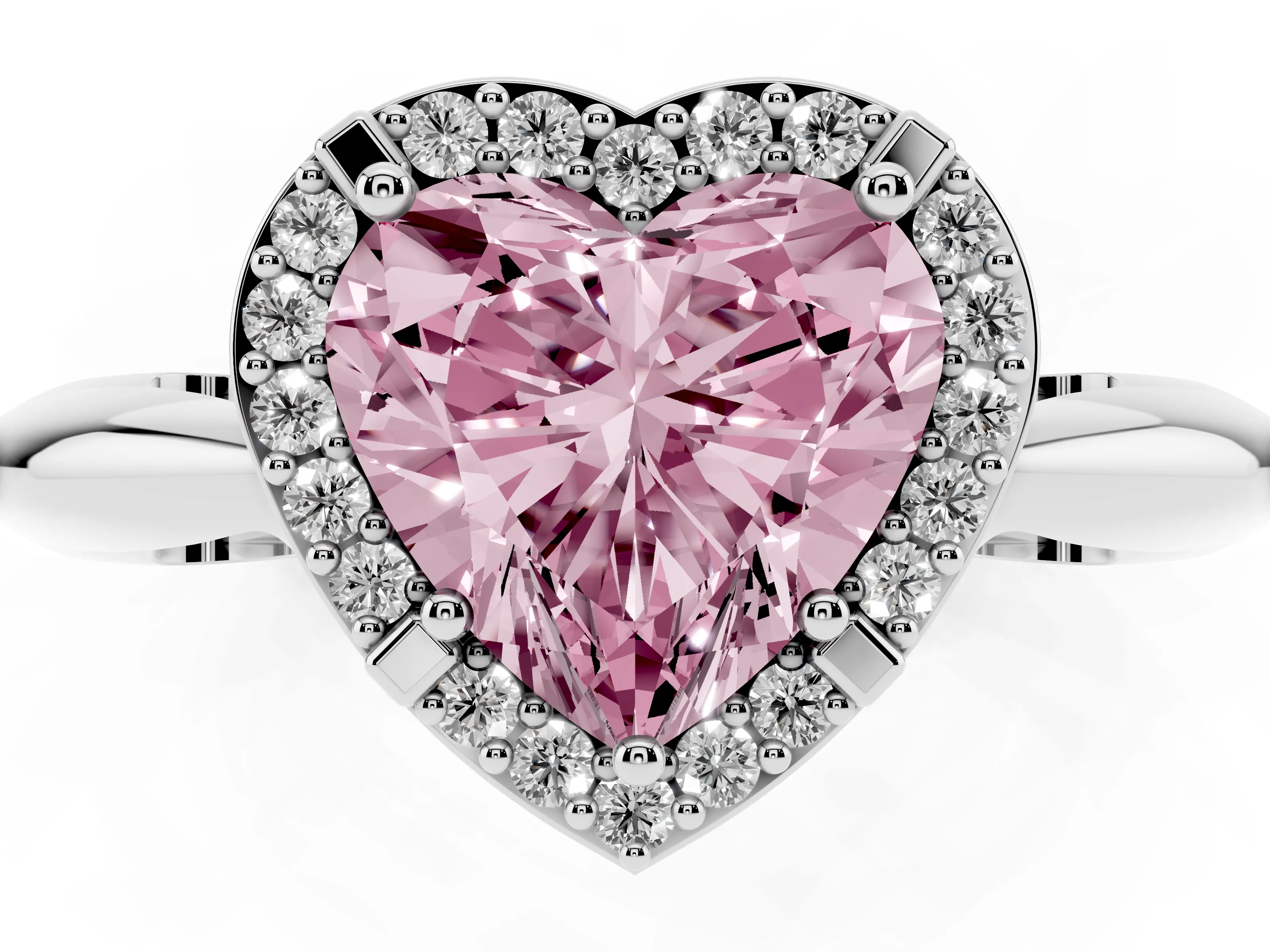 Fancy Pink Heart Cut Diamond Halo Engagement Ring Set in Silver with Plain Split Shank and Prong Setting