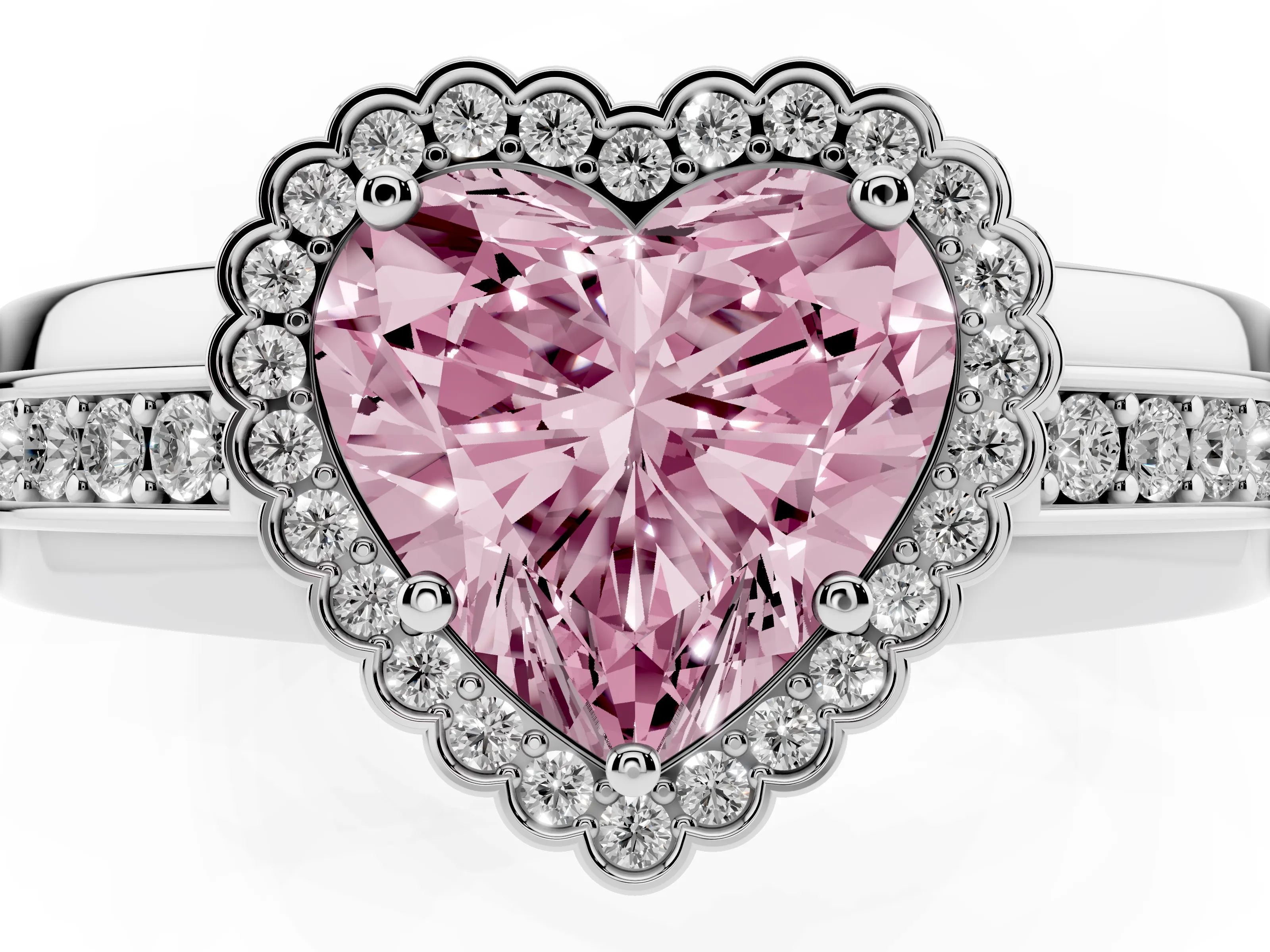 Fancy Pink Heart Cut Diamond Halo Prong Ring Set in White gold with Pavé Band