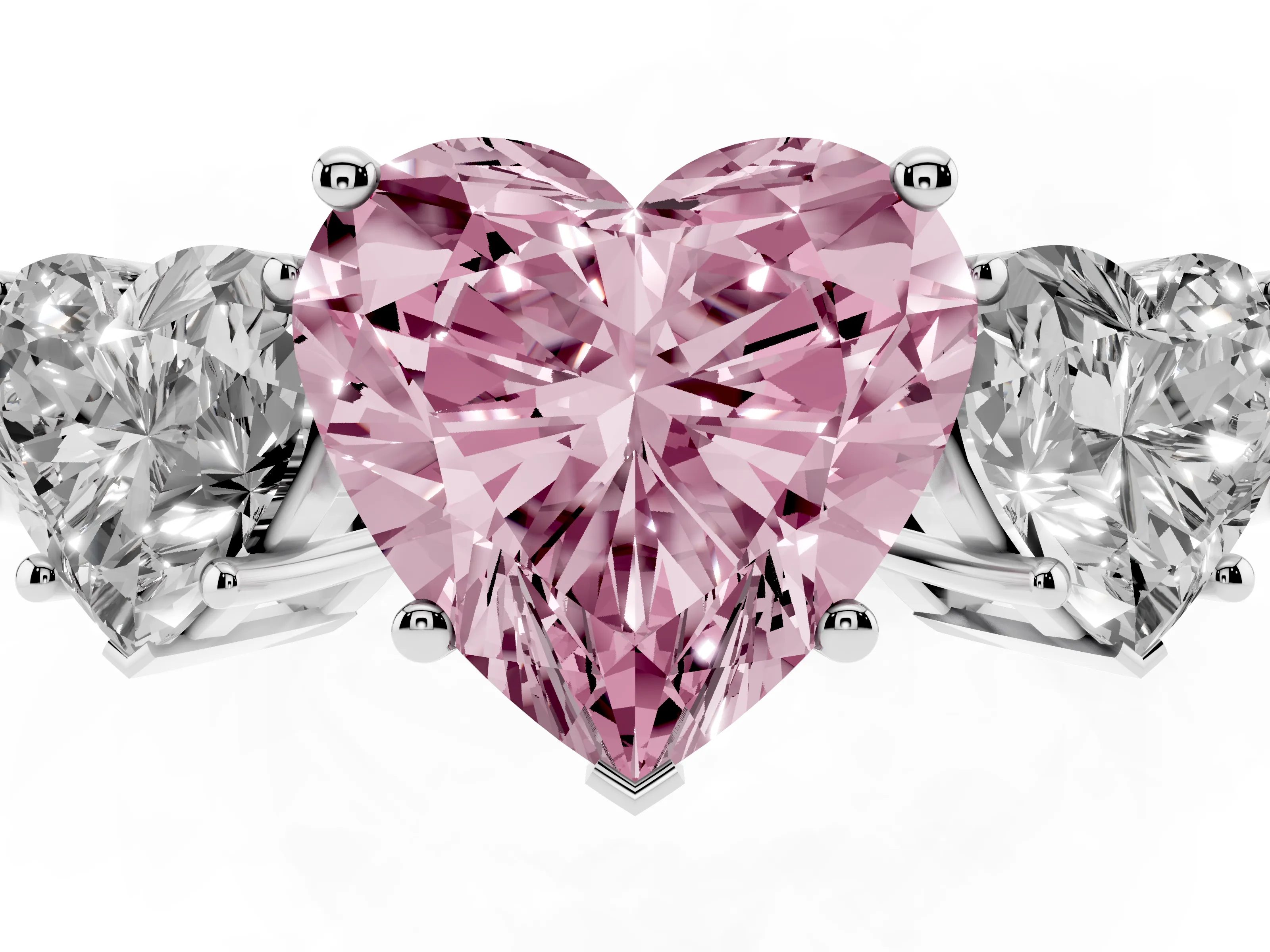 Fancy Pink Heart Cut Diamond Three-Stone Engagement Ring Set in Platinum with Flat Band