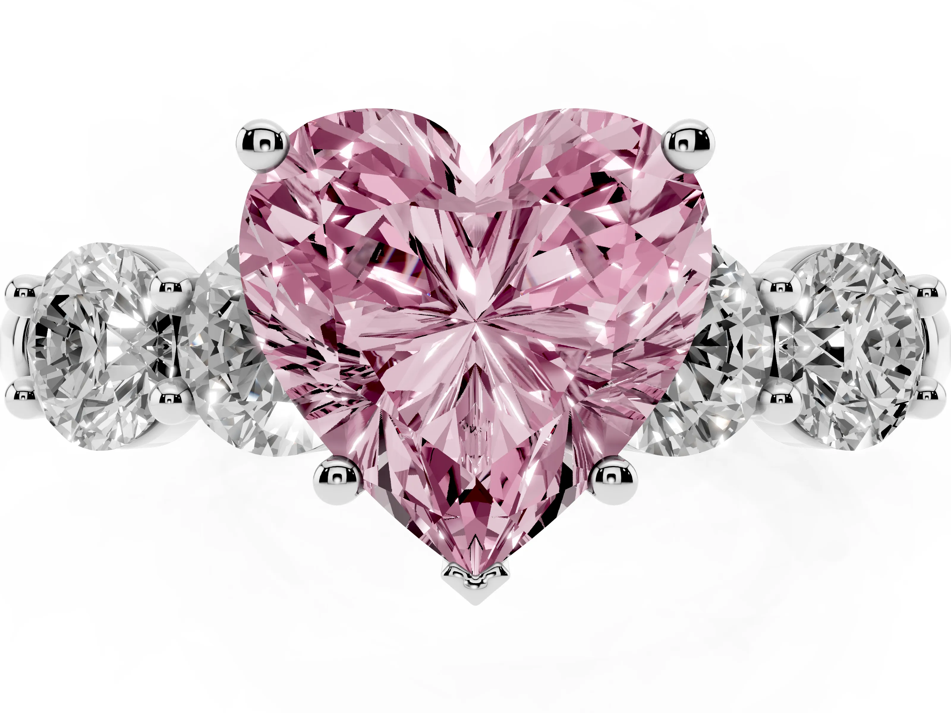 Fancy Pink Heart Cut Diamond Five-Stone Prong Set Ring Set in White gold with Classic Band