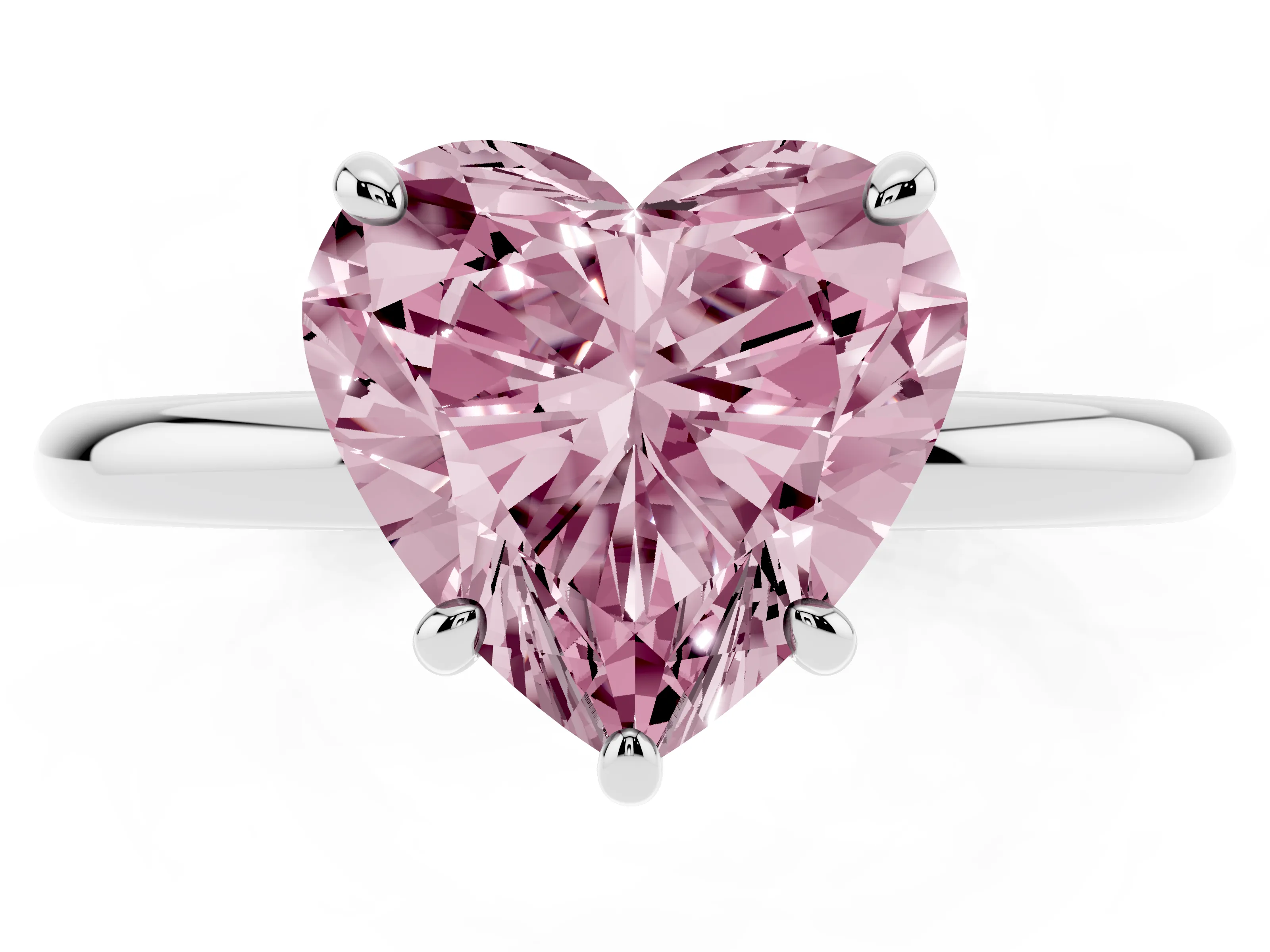 Fancy Pink Heart Cut Diamond Solitaire Ring Set in Platinum with Prong Setting on a Polished Plain Band