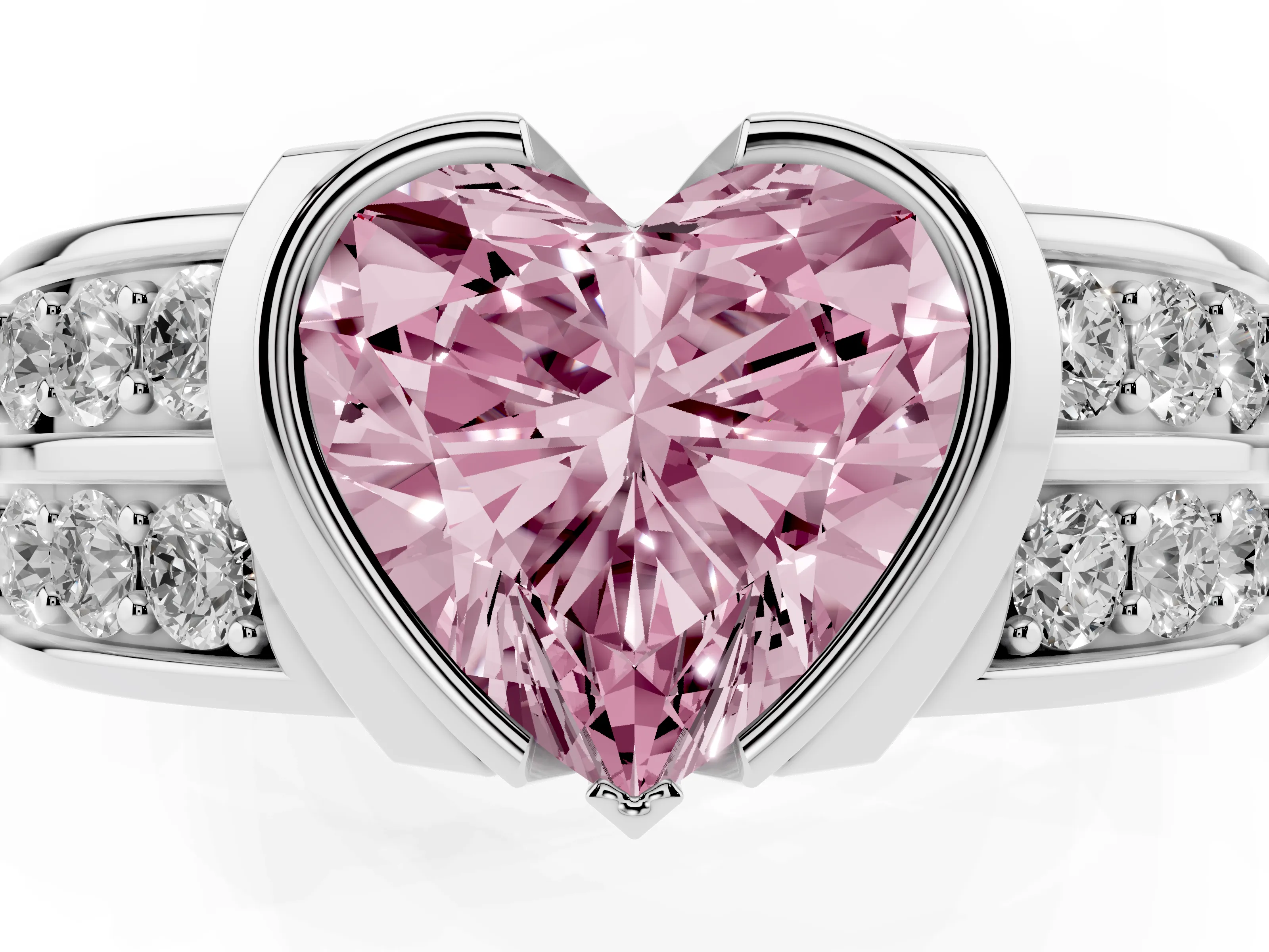 Fancy Pink Heart Cut Diamond Wide Channel Set Band Ring Set in White gold with Bezel Setting