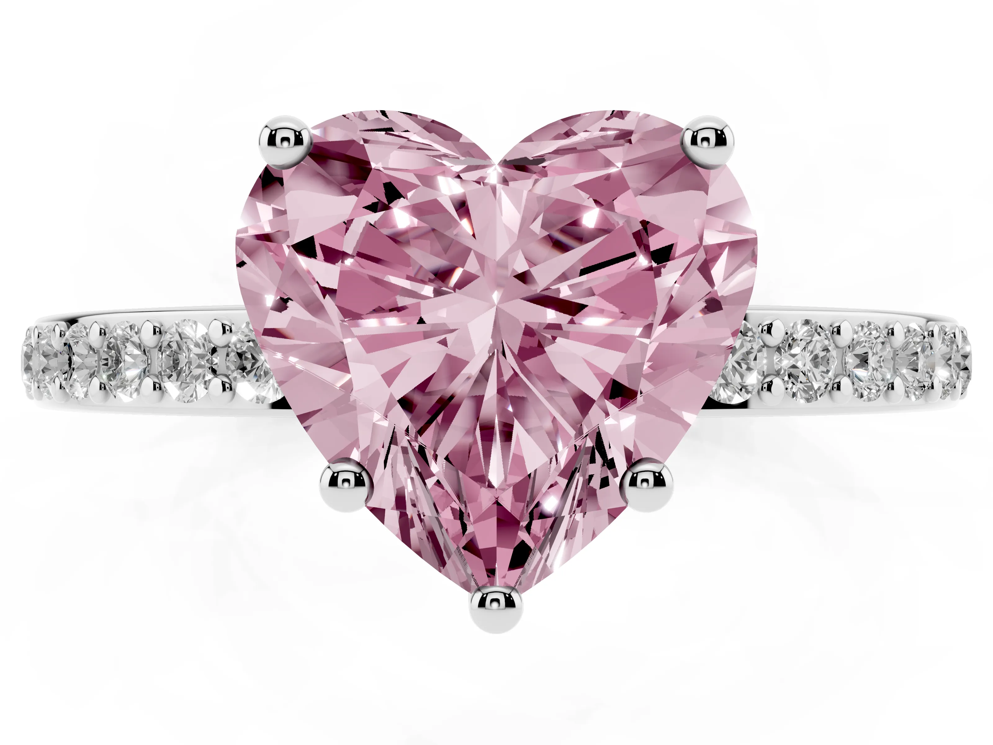 Fancy Pink Heart Cut Diamond Pavé Band Ring Set in White gold with Prong-Set Center Stone