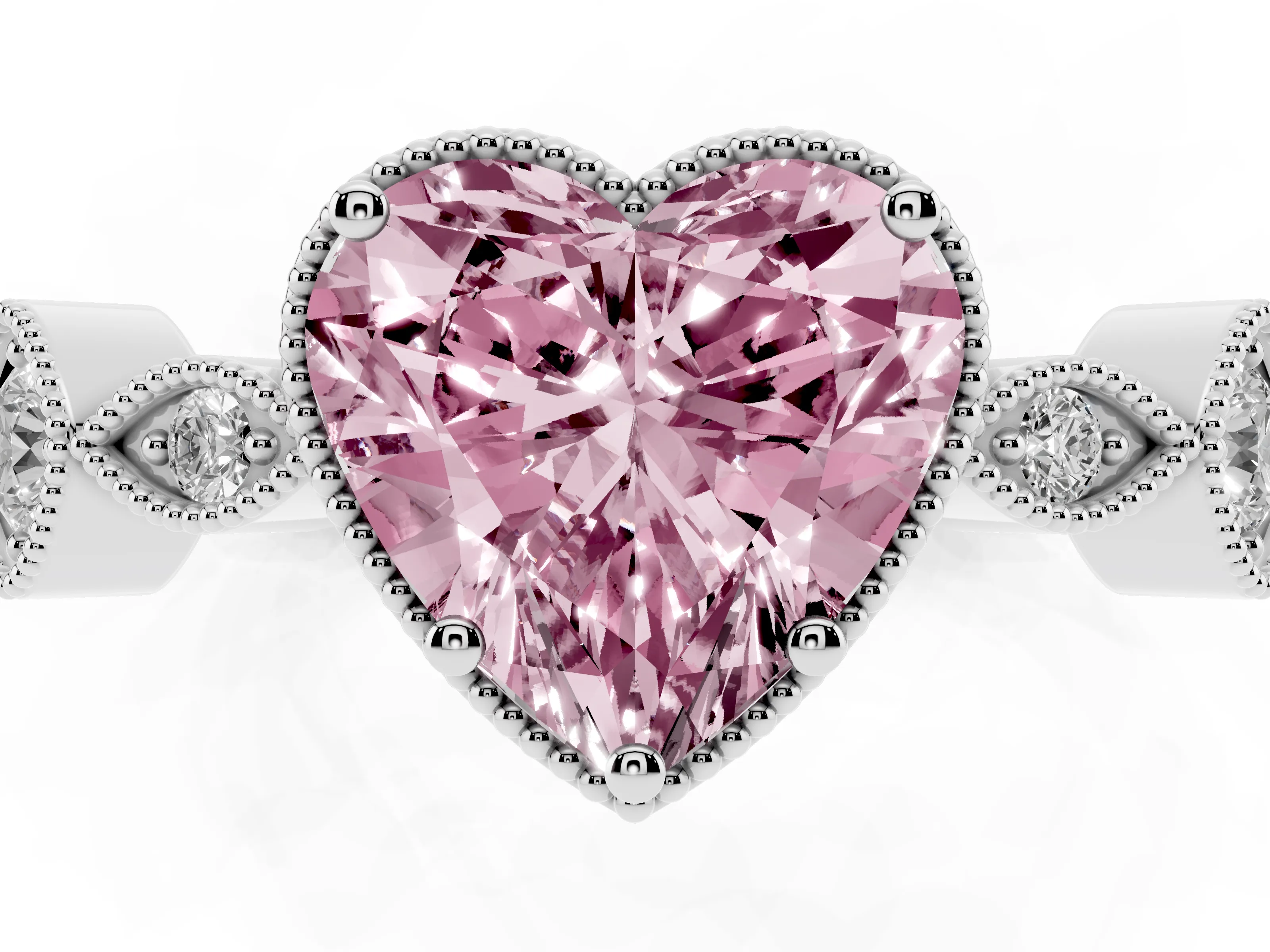 Fancy Pink Heart Cut Diamond Vintage-Inspired Milgrain Ring Set in White gold with Marquise Stations of Round Accents