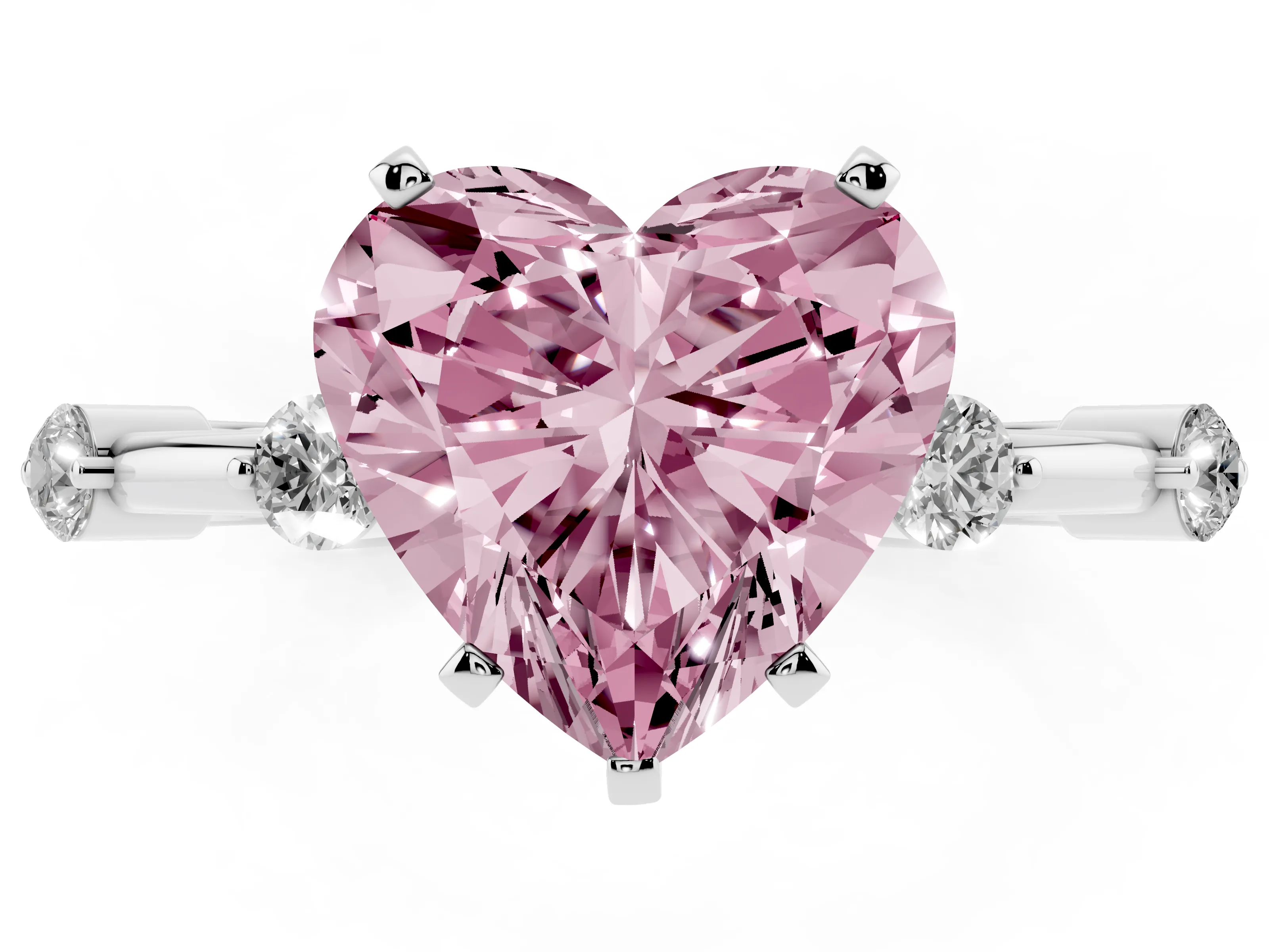 Fancy Pink Heart Cut Diamond Solitaire Ring Set in White gold with Bezel Set Side Stones and Prong Setting