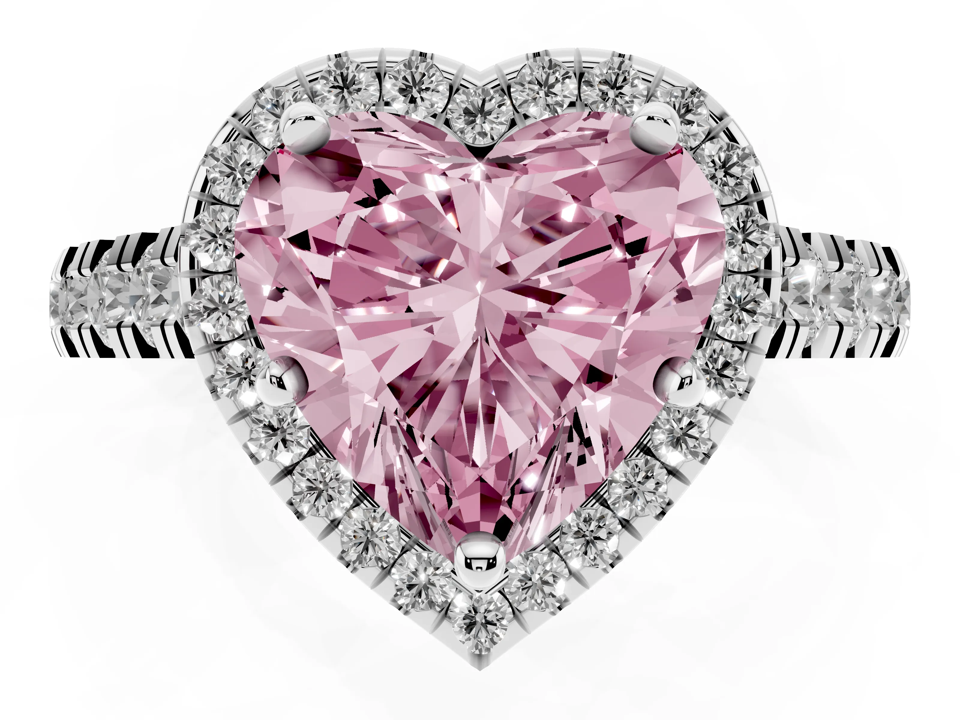 Fancy Pink Heart Cut Diamond Halo Engagement Ring Set in Platinum with Pavé Band and Prong-Set Center