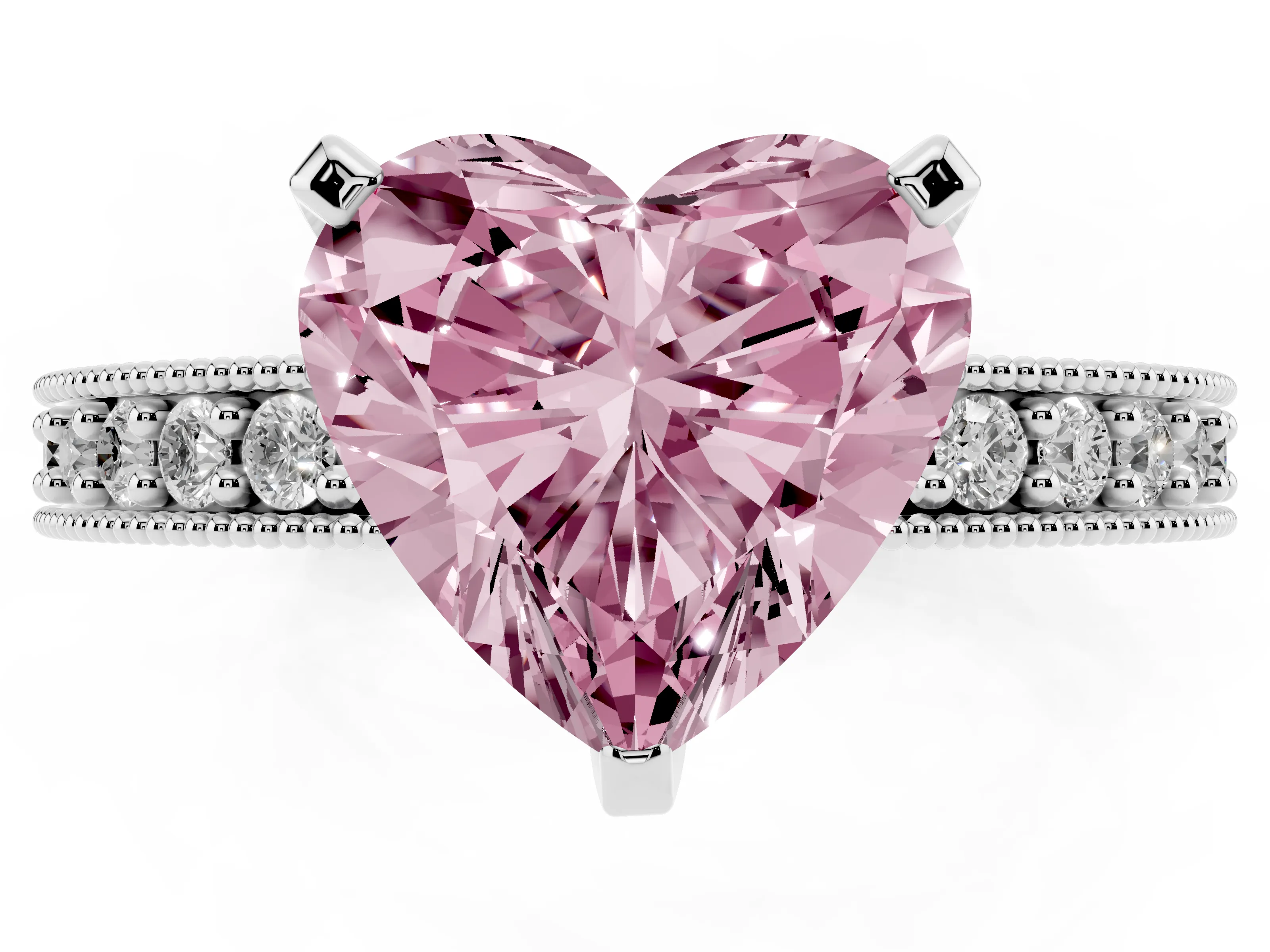 Fancy Pink Heart Cut Diamond Milgrain Pavé Engagement Ring Set in Silver with Prong Setting