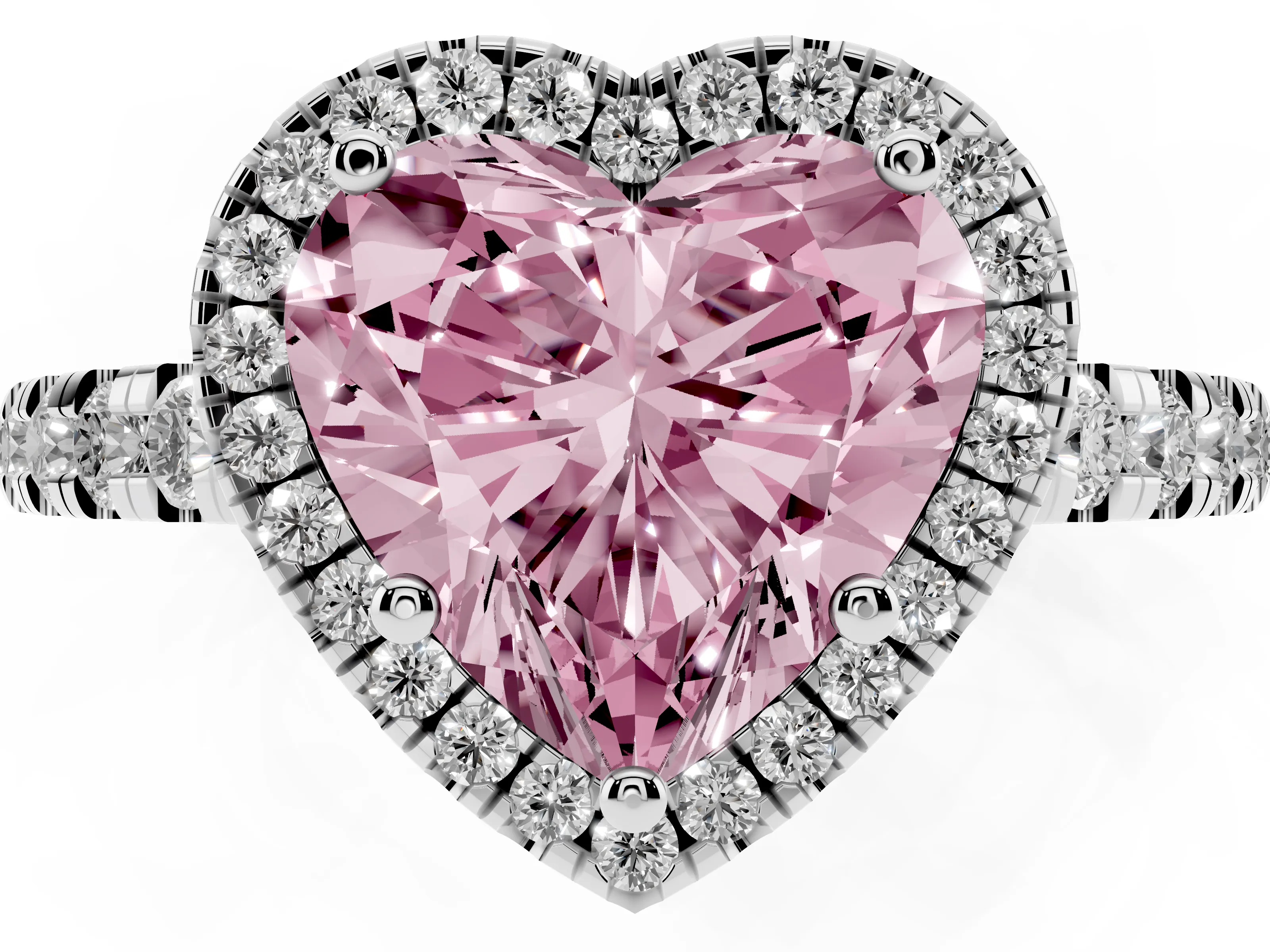 Fancy Pink Heart Cut Diamond Halo Ring Set in Platinum with Delicate Pavé Band and Prong Setting