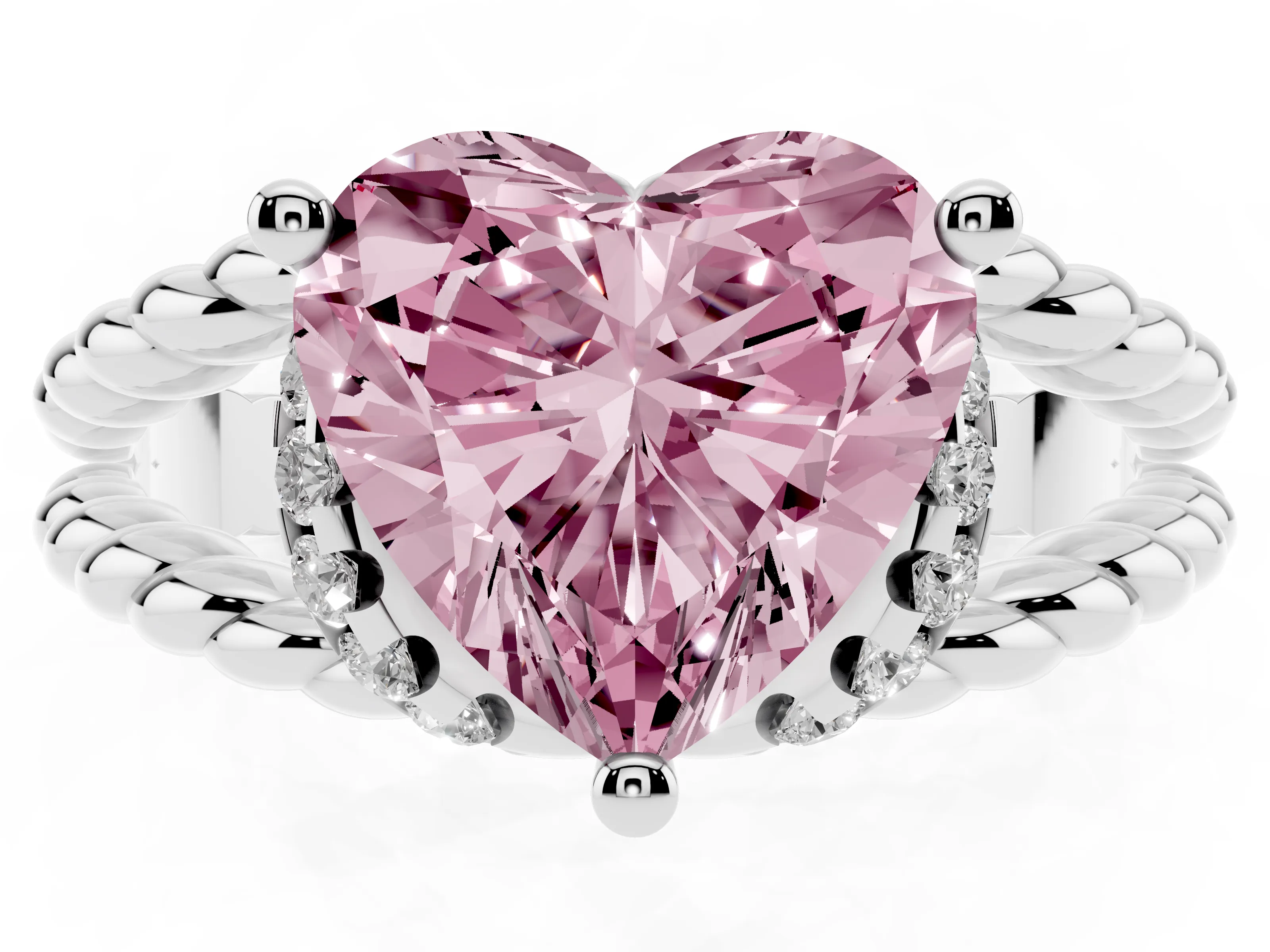 Fancy Pink Heart Cut Diamond Halo Ring Set in Silver with Twisted Band and Prong Setting