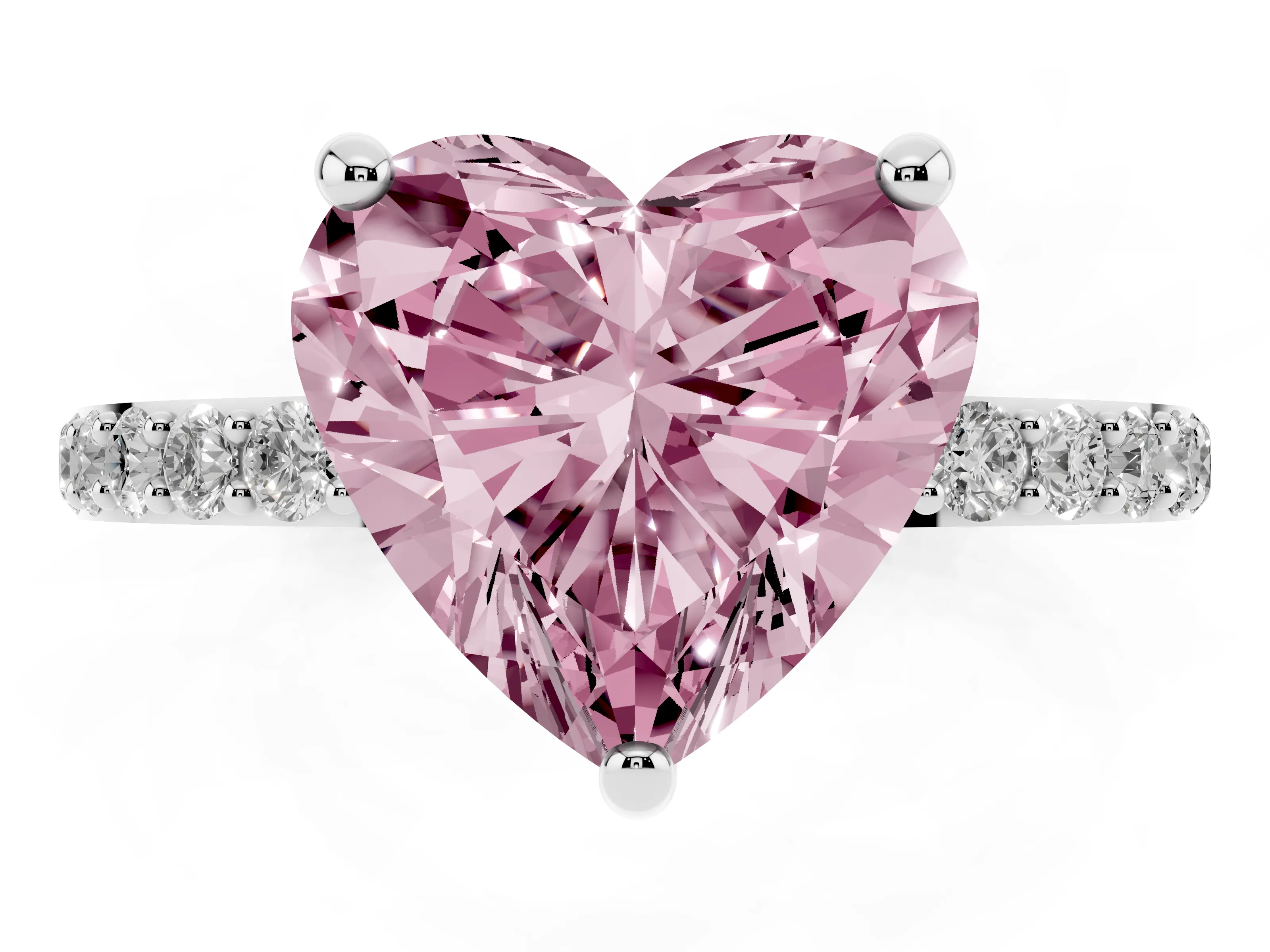Fancy Pink Heart Cut Diamond Solitaire Ring Set in Platinum with Round Pavé Band and Prong Setting