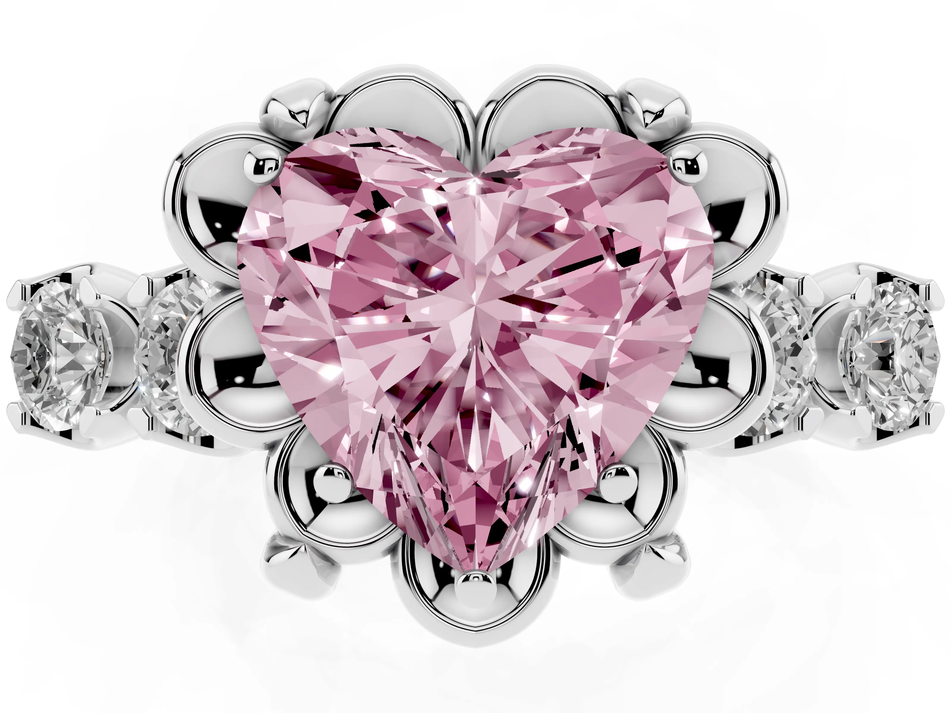 Fancy Pink Heart Cut Diamond Floral Halo Ring Set in Silver with Shared Prong Band