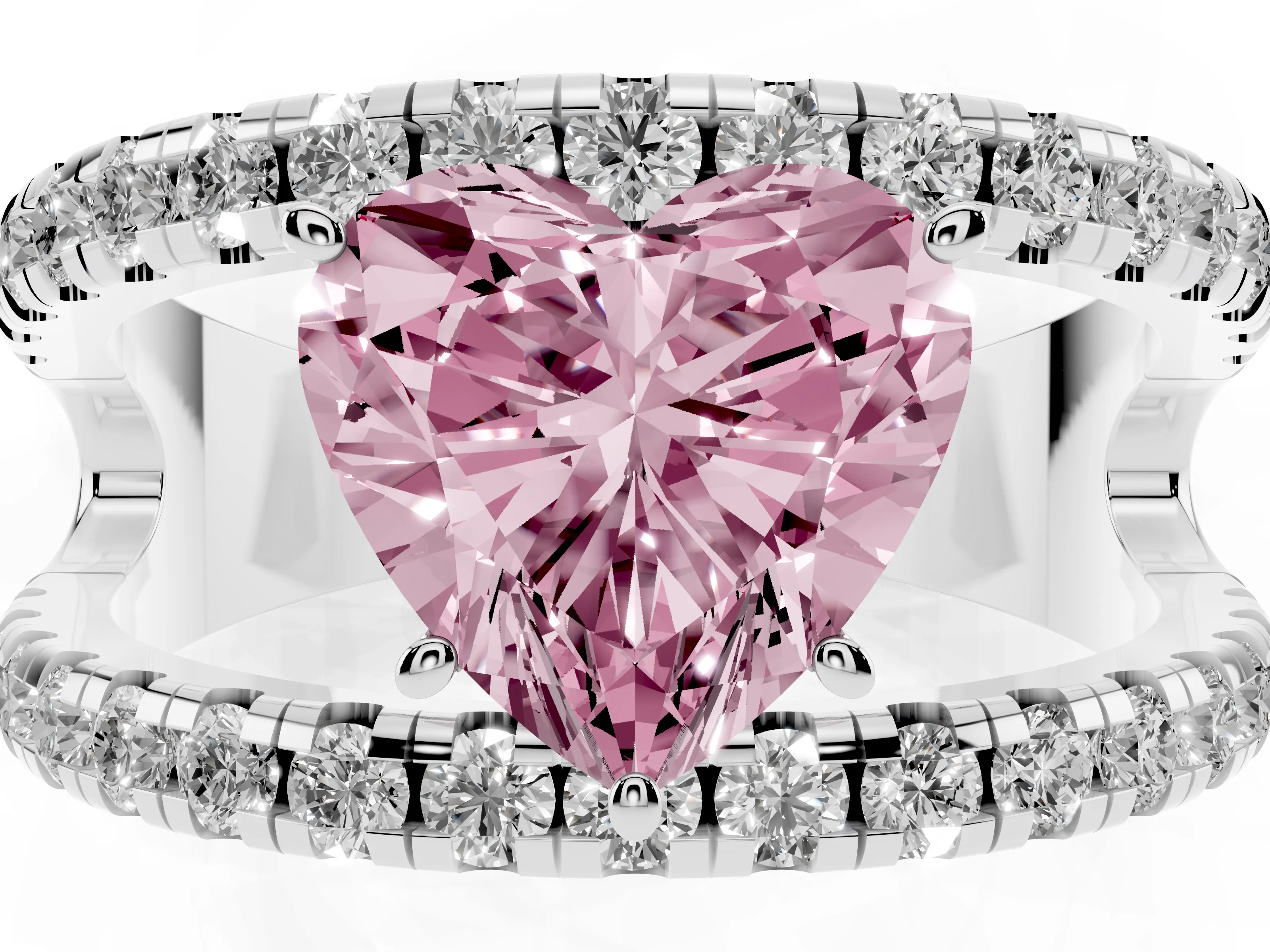 Fancy Pink Heart Cut Diamond Split Shank Pavé Solitaire Ring Set in Silver with Open Shank Design