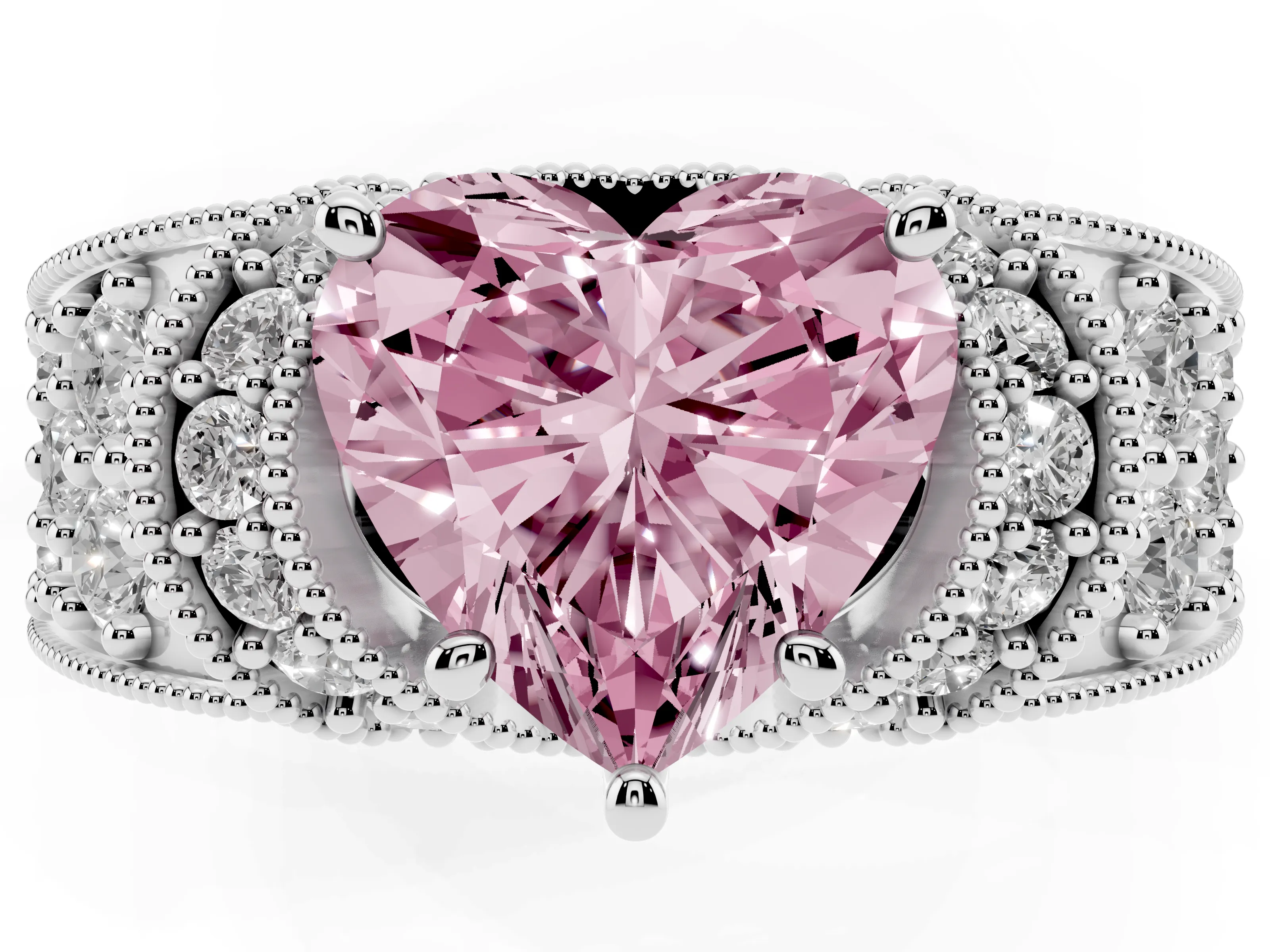 Fancy Pink Heart Cut Diamond Milgrain Halo Pavé Engagement Ring Set in Silver with Prong Setting