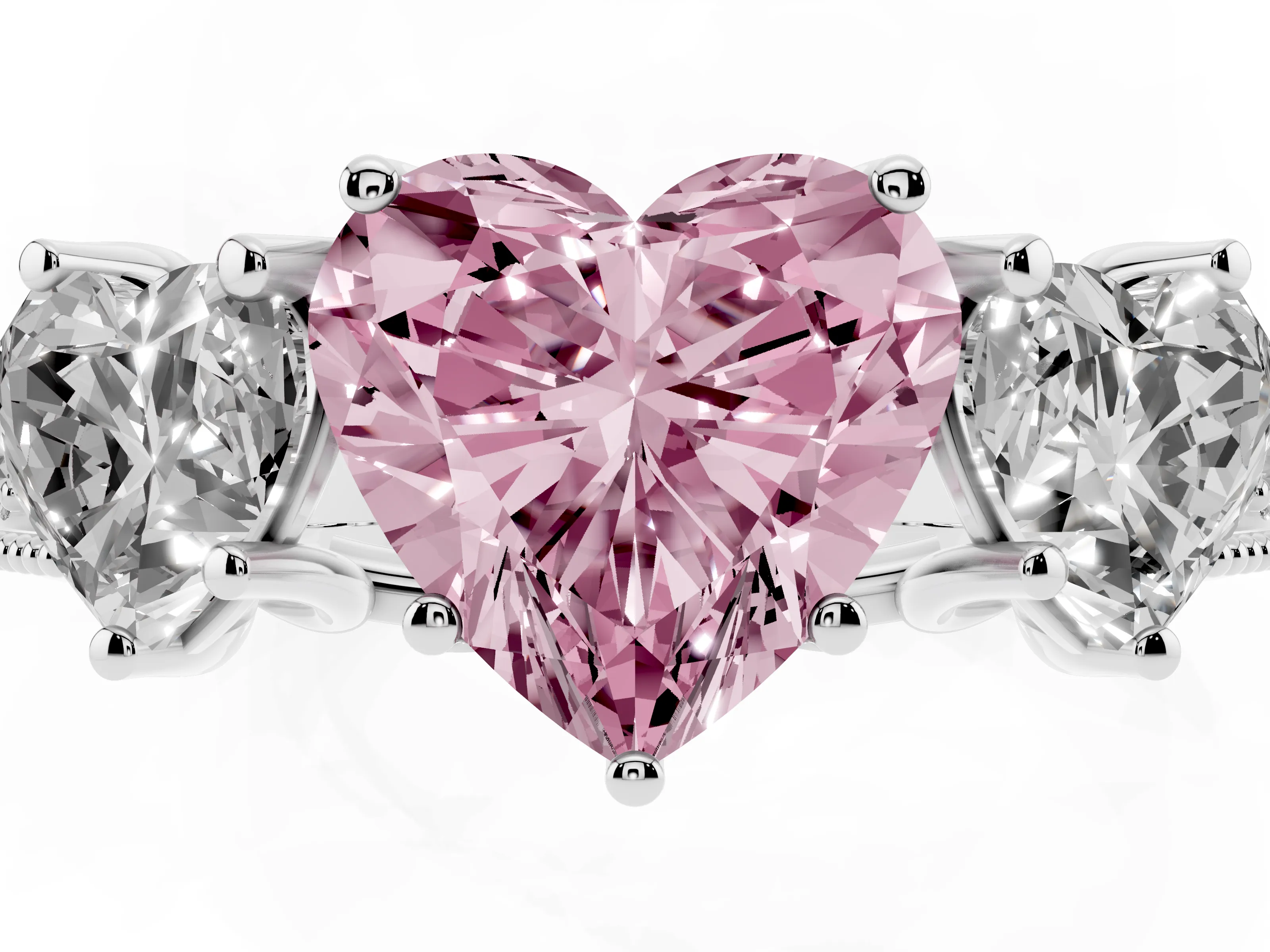 Fancy Pink Heart Cut Diamond Three-Stone Engagement Ring Set in Silver with Milgrain Pavé Band