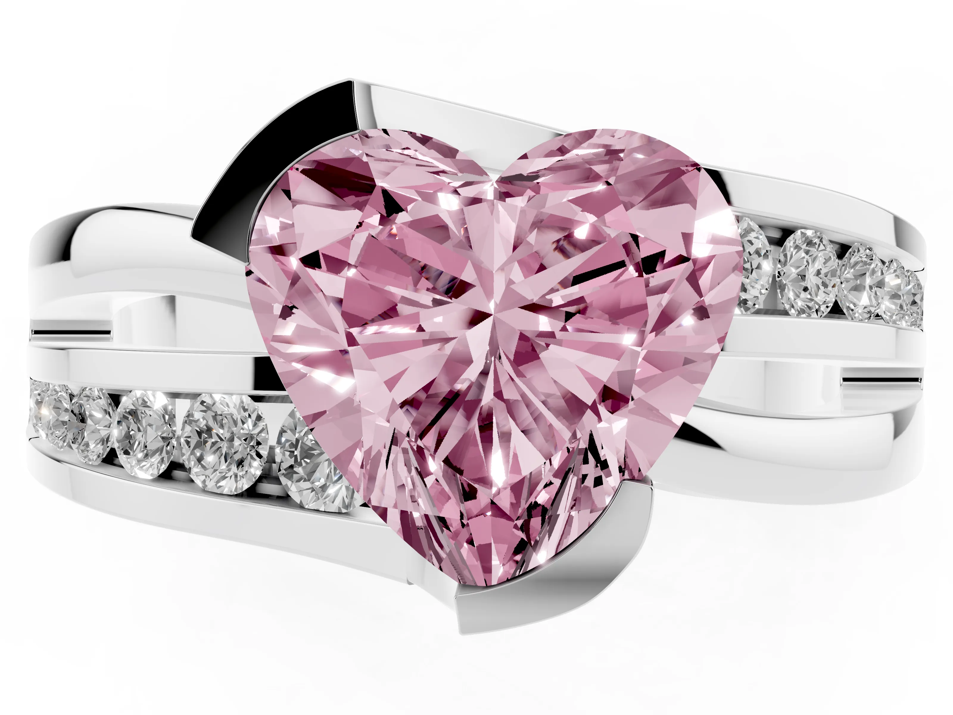 Fancy Pink Heart Cut Diamond Solitaire Ring Set in Platinum with Channel Set Split Shank and Tension Prongs