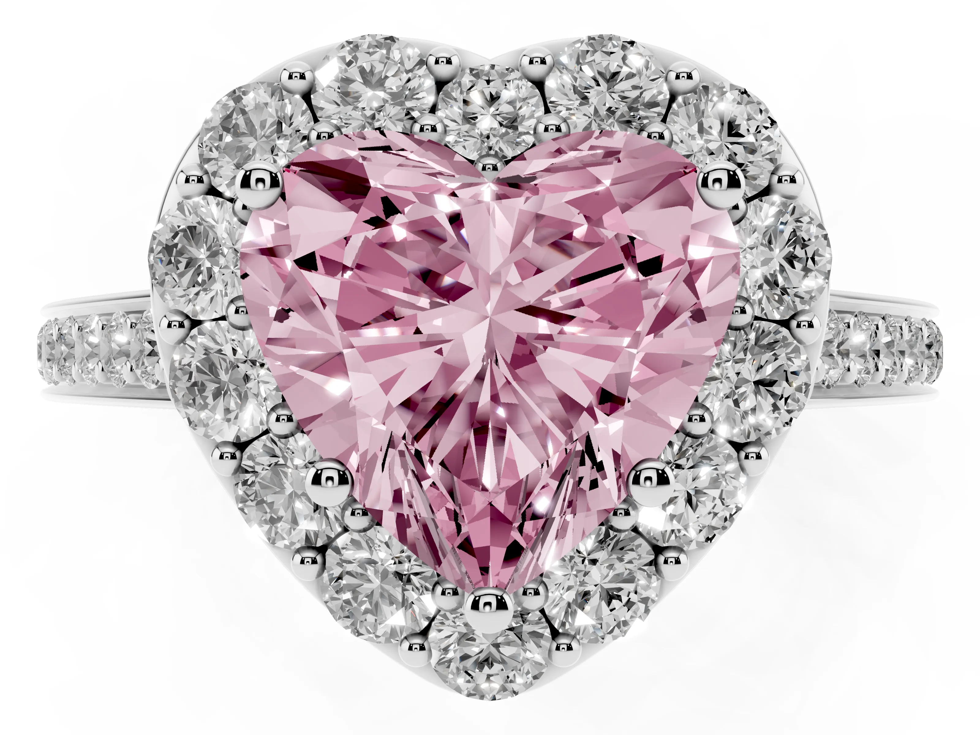 Fancy Pink Heart Cut Diamond Floral Halo Ring Set in White gold with Pavé Band and Prong Setting