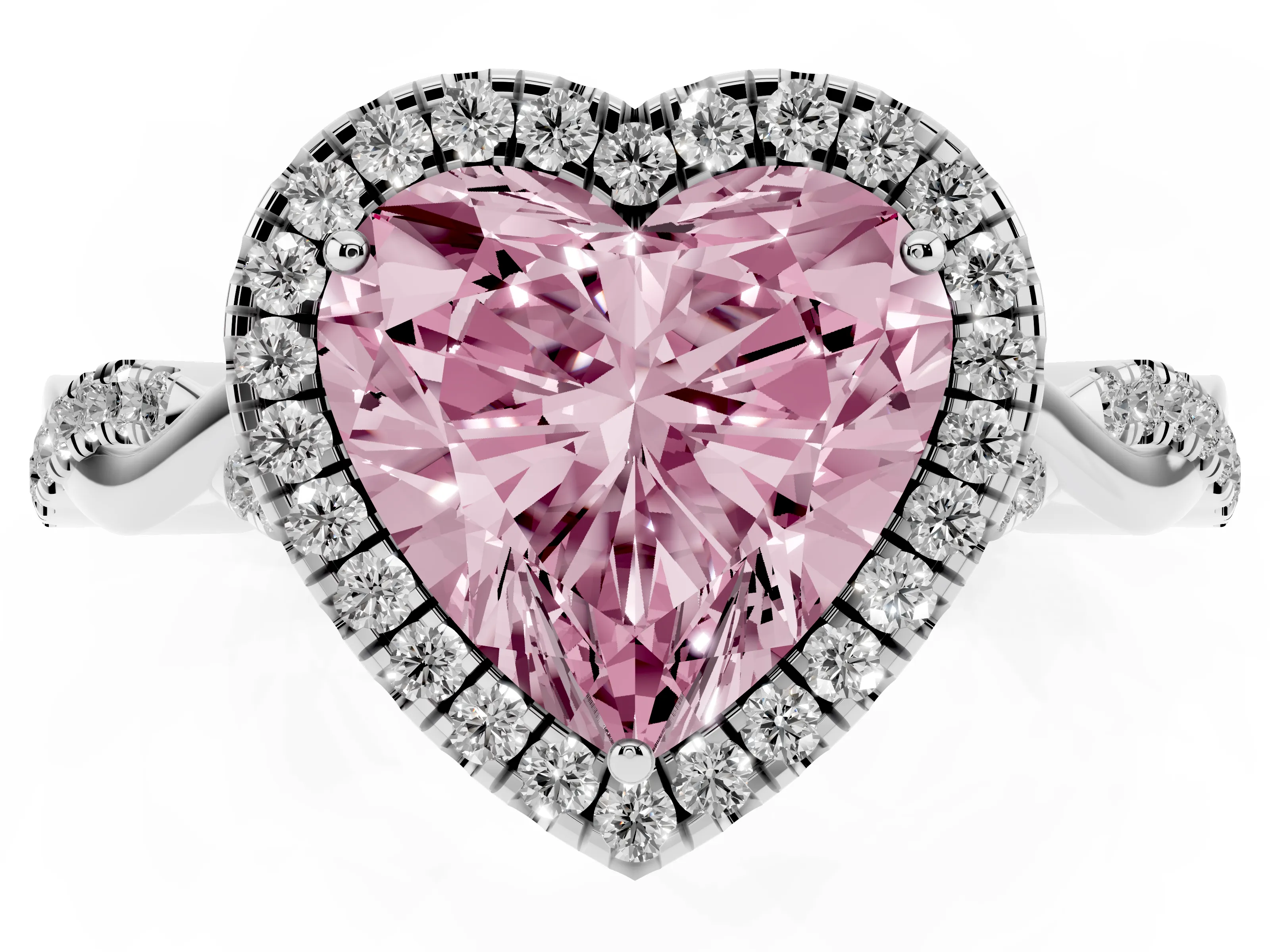 Fancy Pink Heart Cut Diamond Halo Twist Band Solitaire Ring Set in White gold with Prong Setting