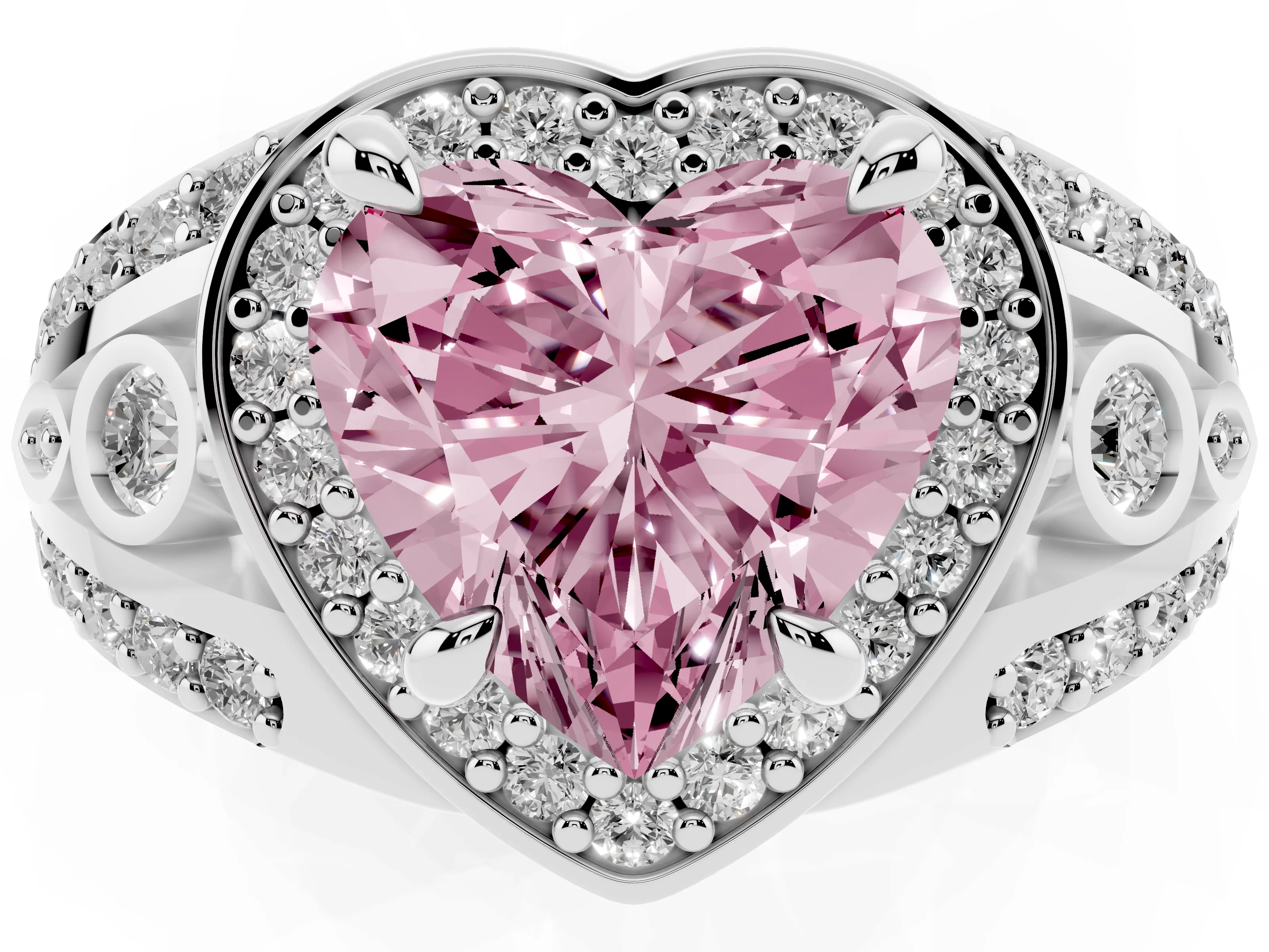 Fancy Pink Heart Cut Diamond Halo Ring Set in Silver with Pavé Split Shank and Bezel Accents