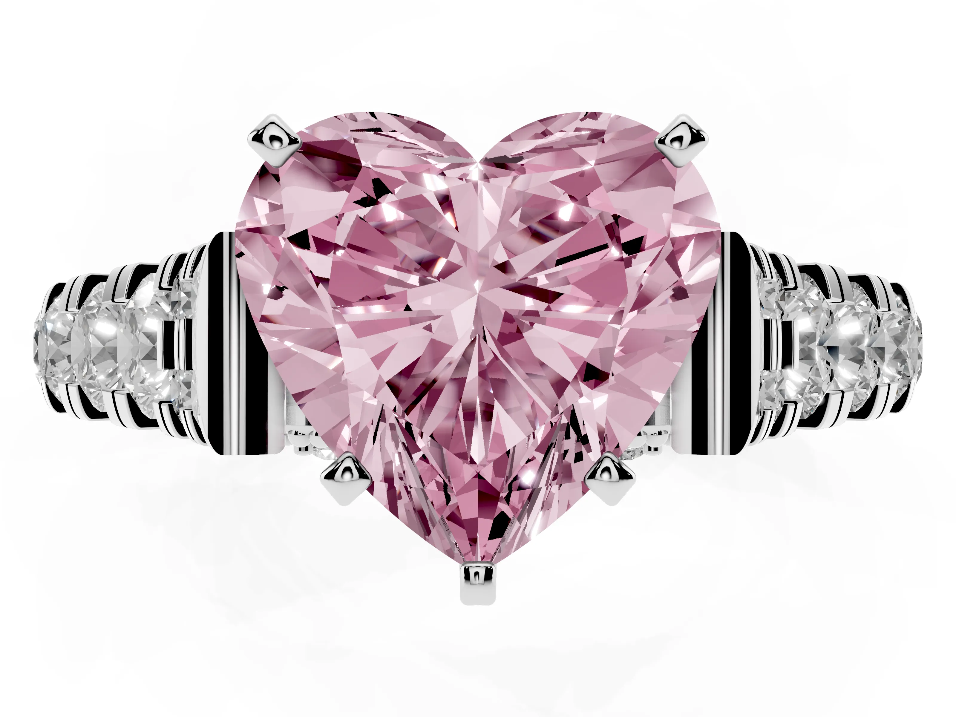 Fancy Pink Heart Cut Diamond Classic Solitaire Ring Set in Silver with Pavé Band and Prong Setting