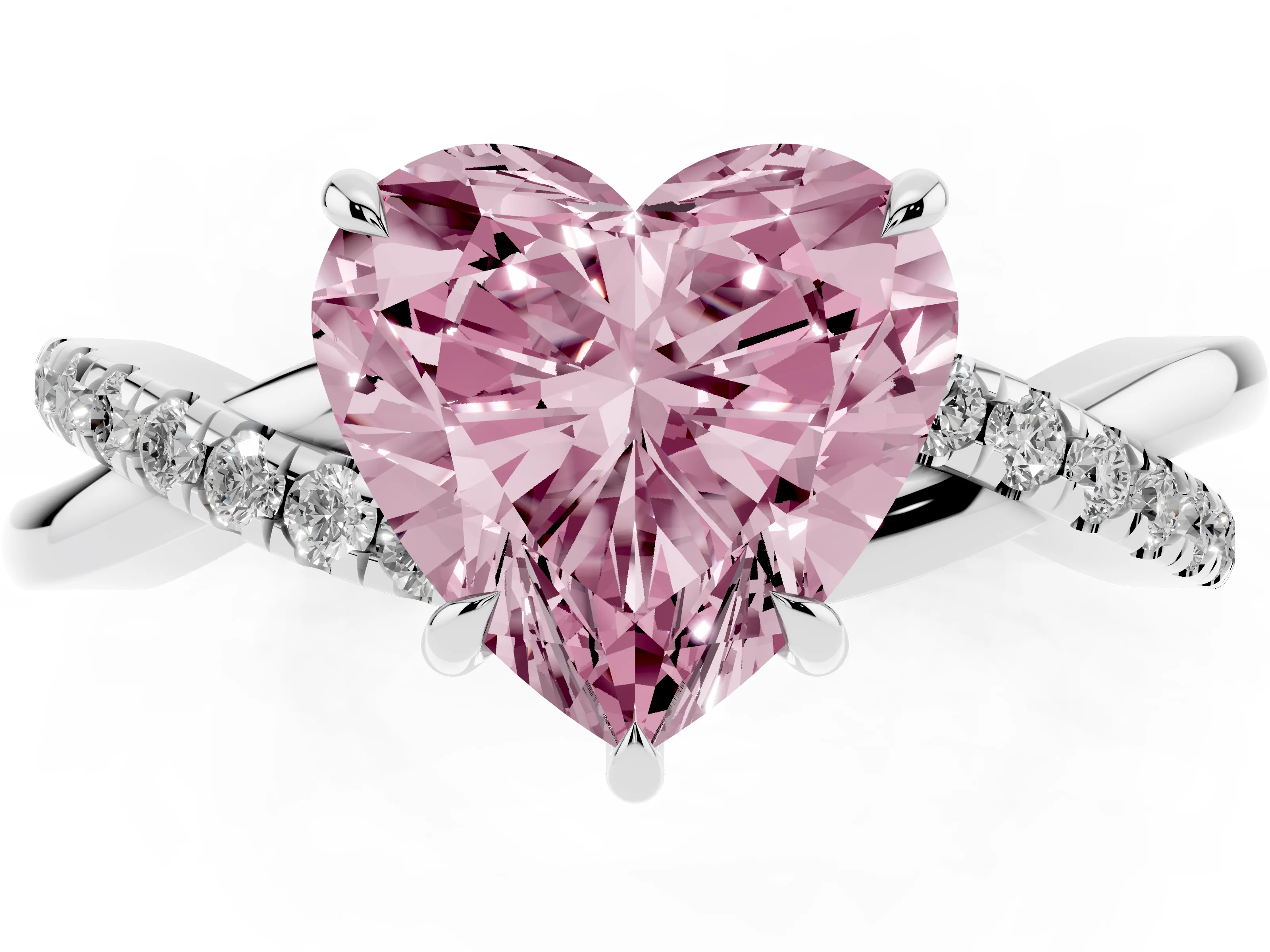Fancy Pink Heart Cut Diamond Twisted Pavé Band Ring Set in Silver with Prong Setting