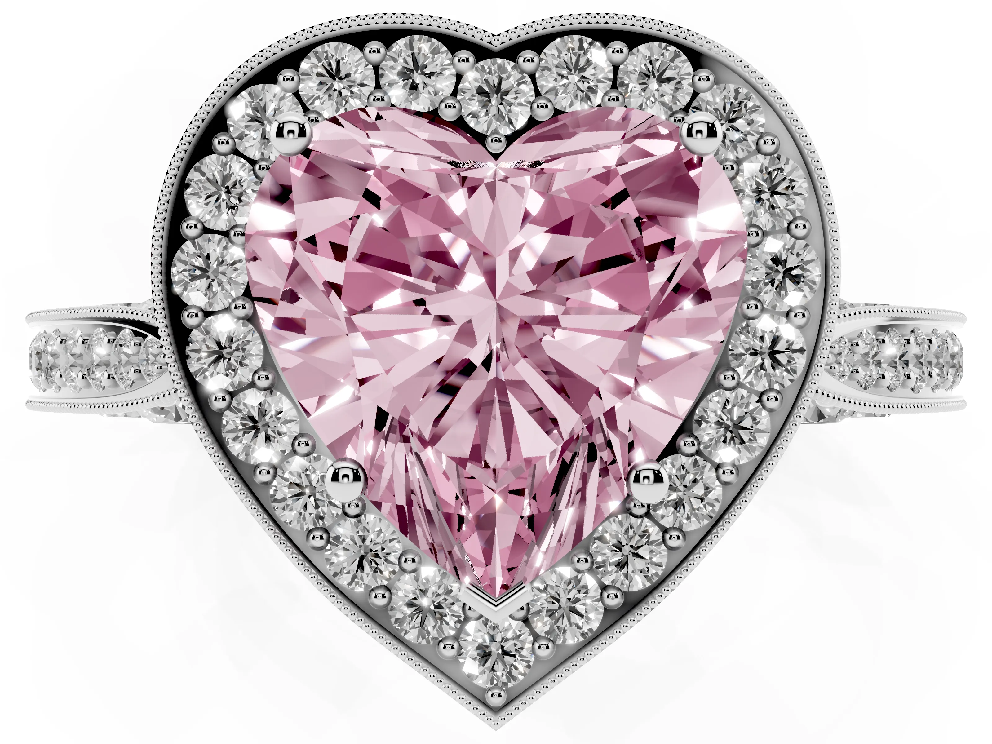 Fancy Pink Heart Cut Diamond Halo Engagement Ring Set in Platinum with Accent Split Shank Band