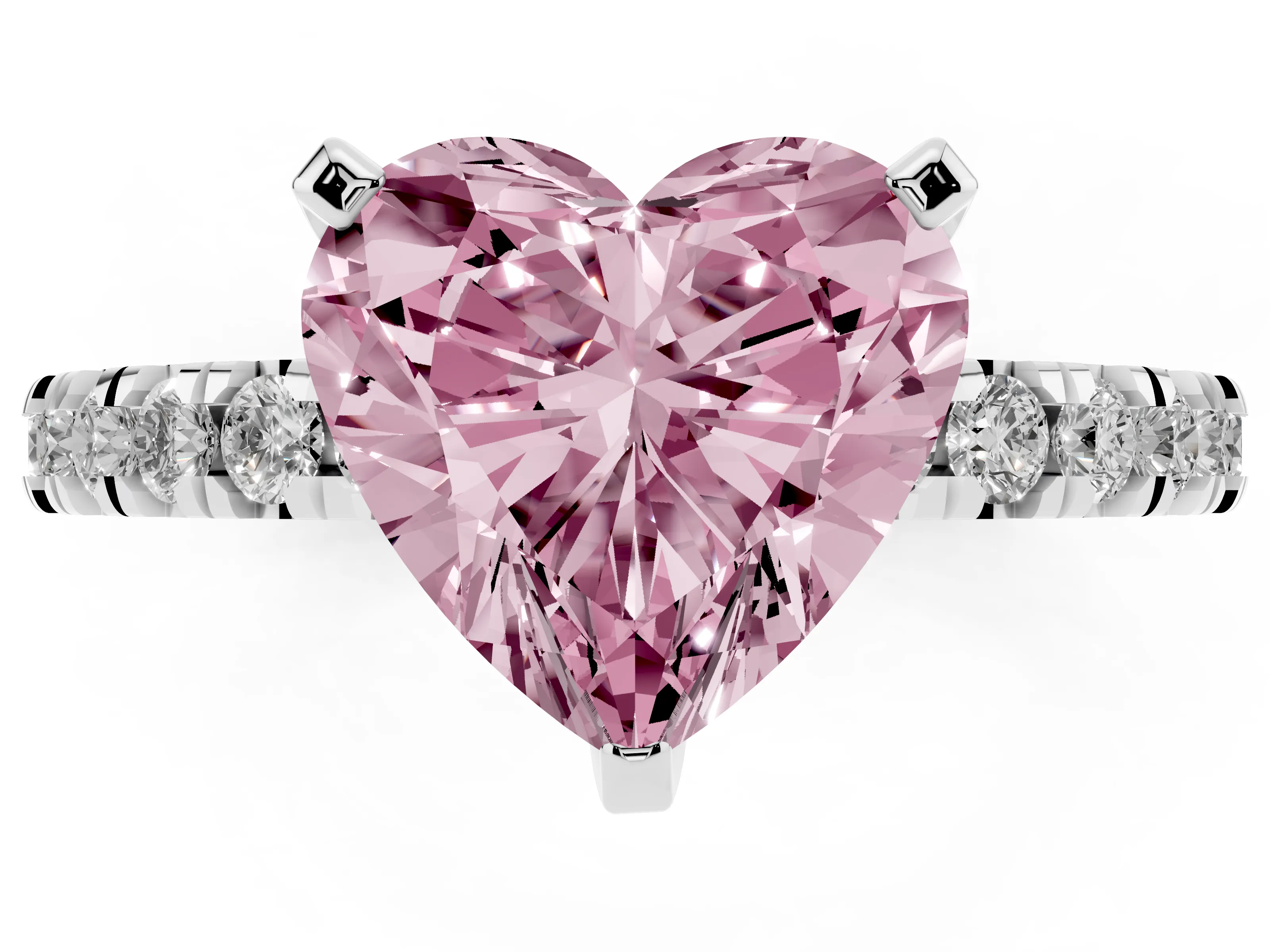 Fancy Pink Heart Cut Diamond Pavé Band Solitaire Set in Silver with Prong Setting