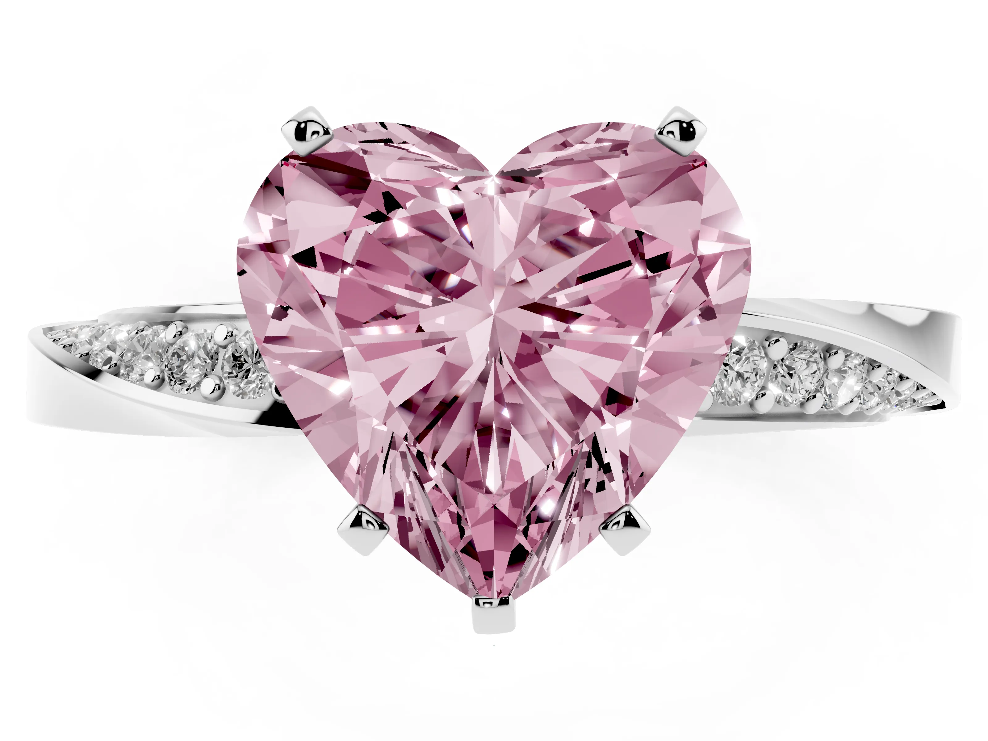 Fancy Pink Heart Cut Diamond Engagement Ring Set in Platinum with Side Stone Accents and Prong Setting