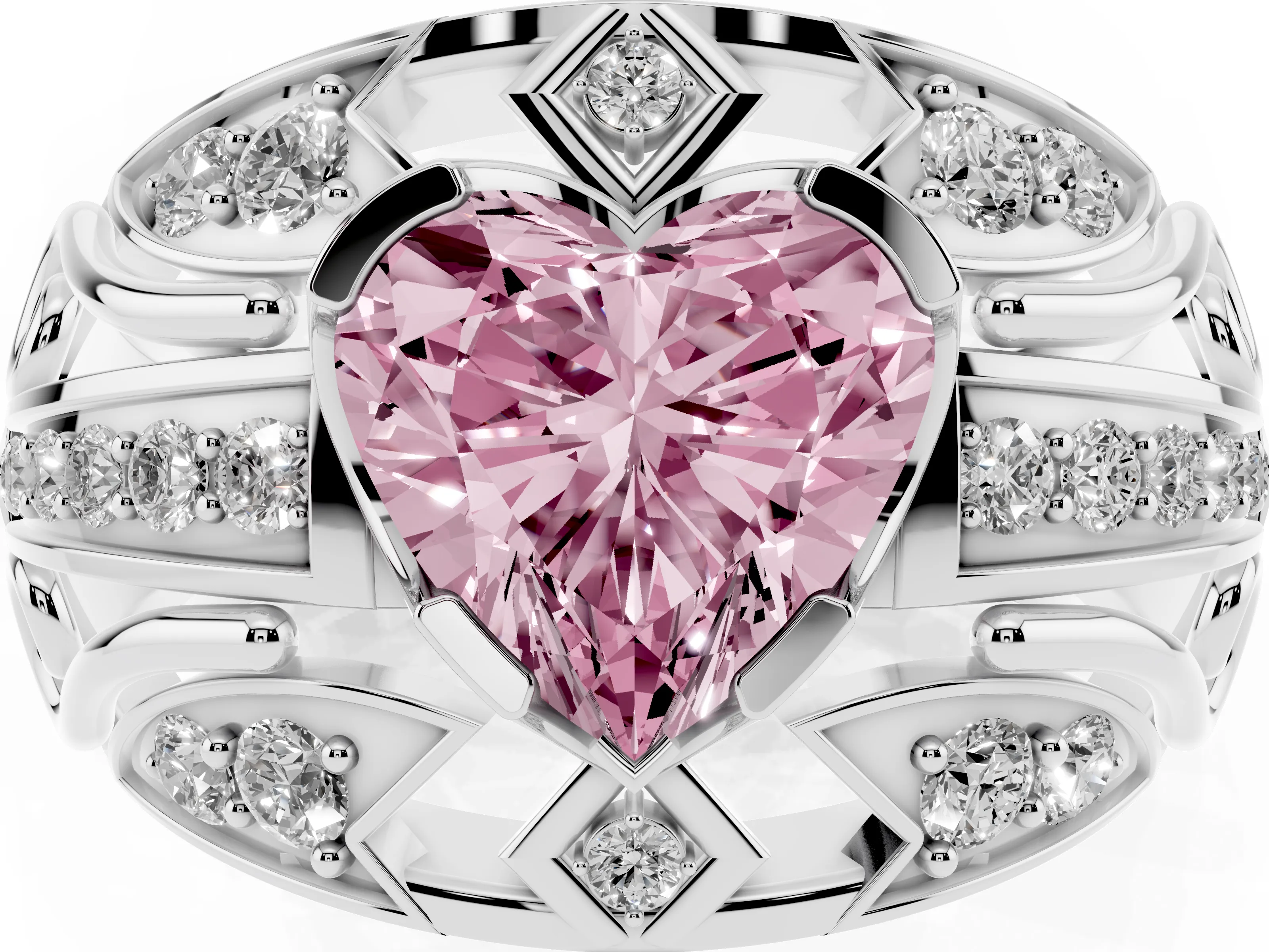Fancy Pink Heart Cut Diamond Art Deco Ring Set in White gold with Pavé Split Shank
